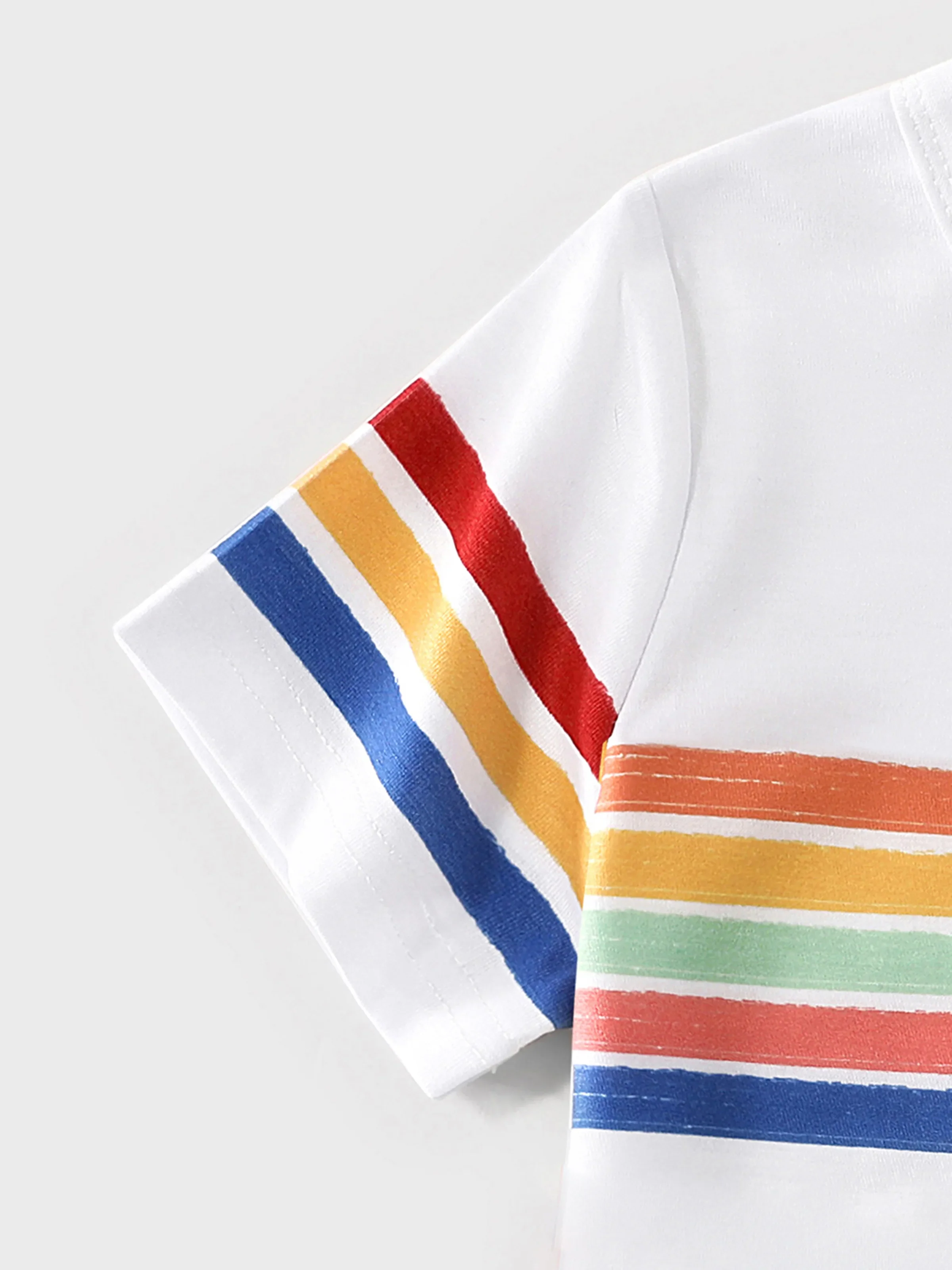Family Matching Colorful Striped V Neck Flutter-sleeve Dresses and Short-sleeve T-shirts Sets Original White - Image 11