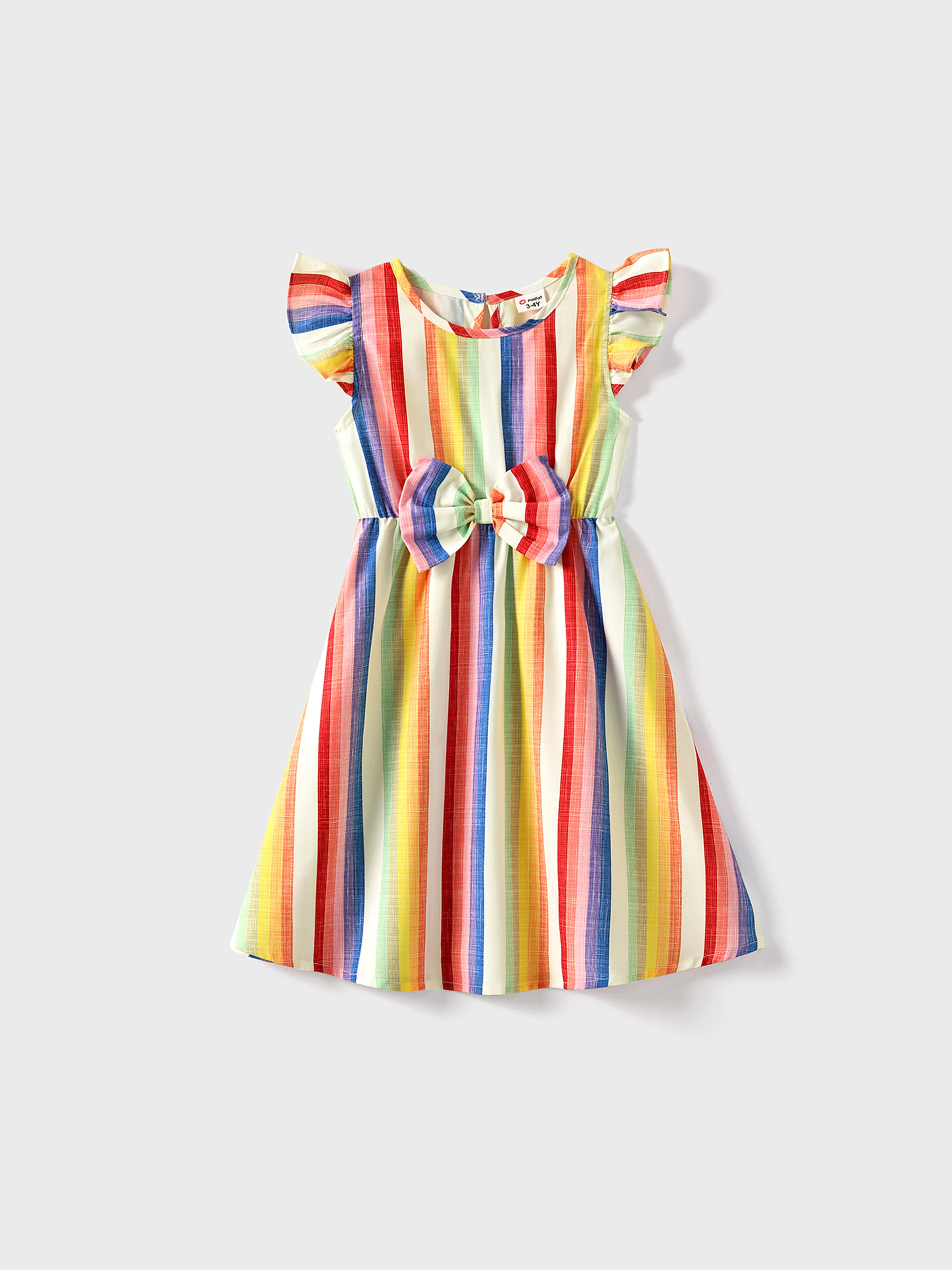 Family Matching Colorful Striped V Neck Flutter-sleeve Dresses and Short-sleeve T-shirts Sets Original White - Image 3