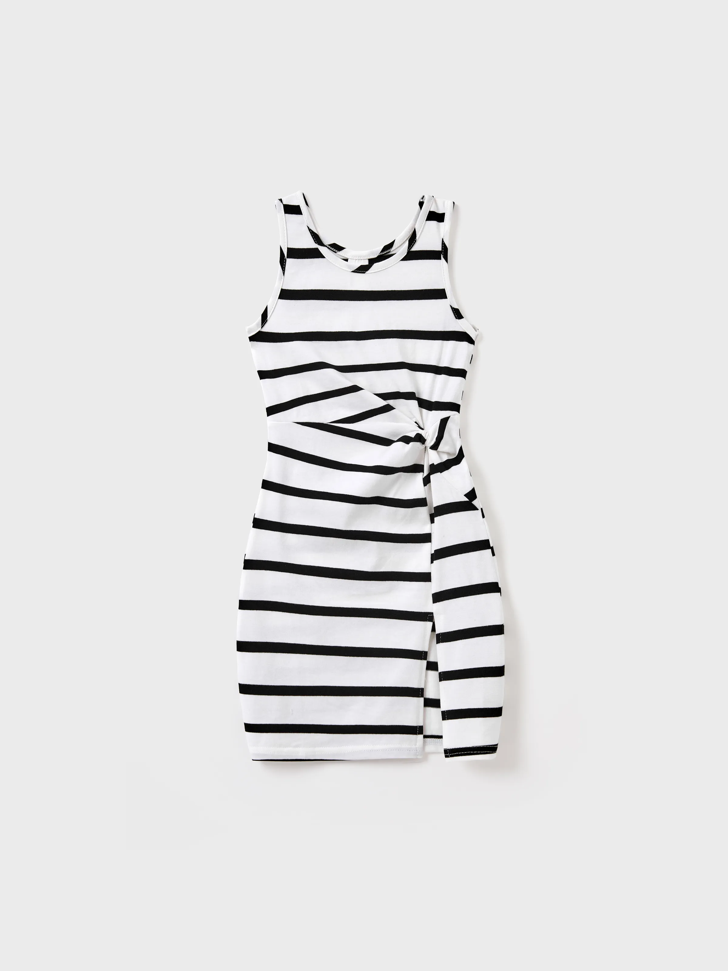 Family Matching Cotton Set Black and White Stripe T-shirt or Strap Bodycon Dress Black+White - Image 7