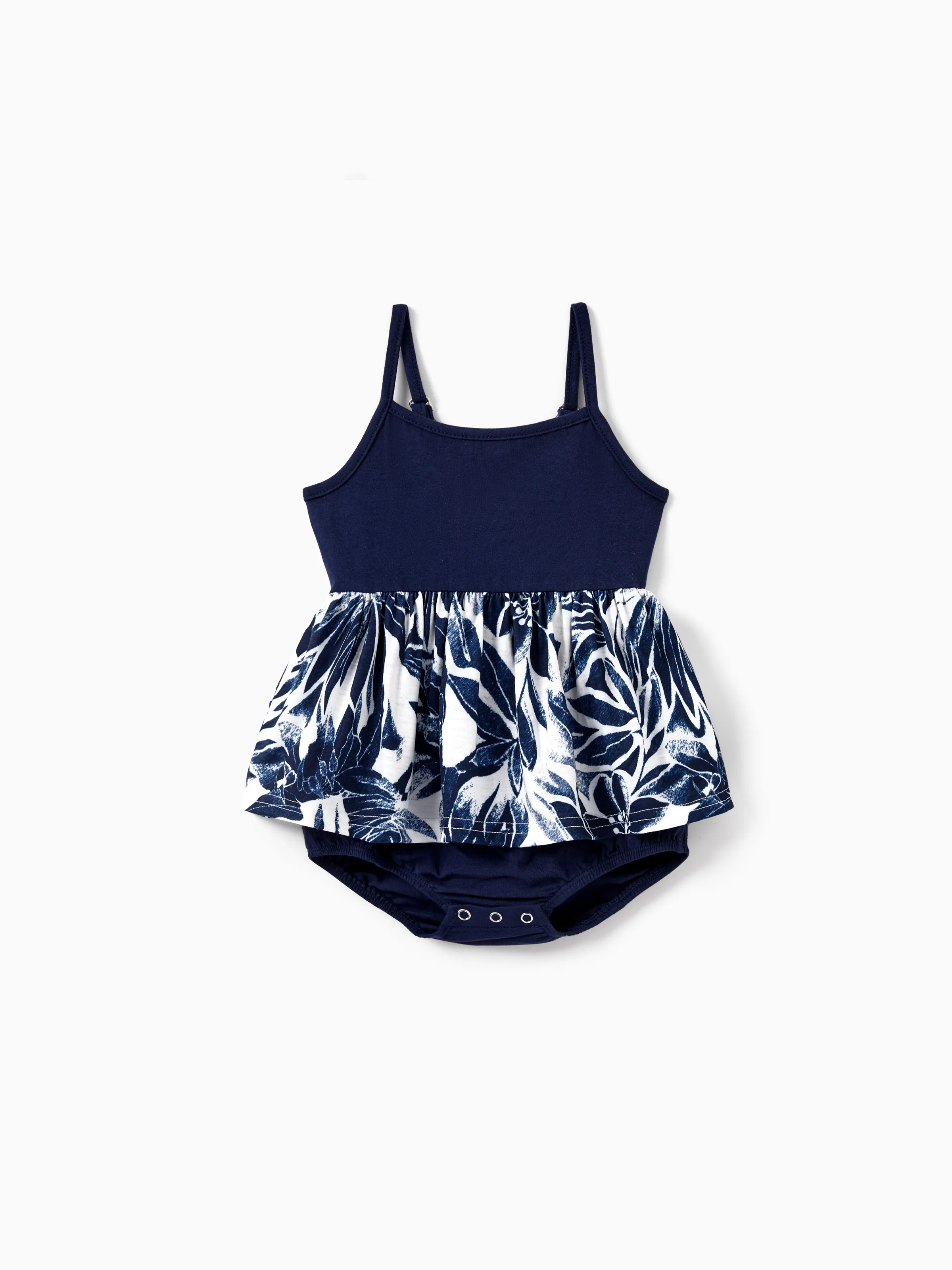 Family Matching Cotton Tee Flora Print Splicing Shirt or Tank Dress Deep Blue - Image 13
