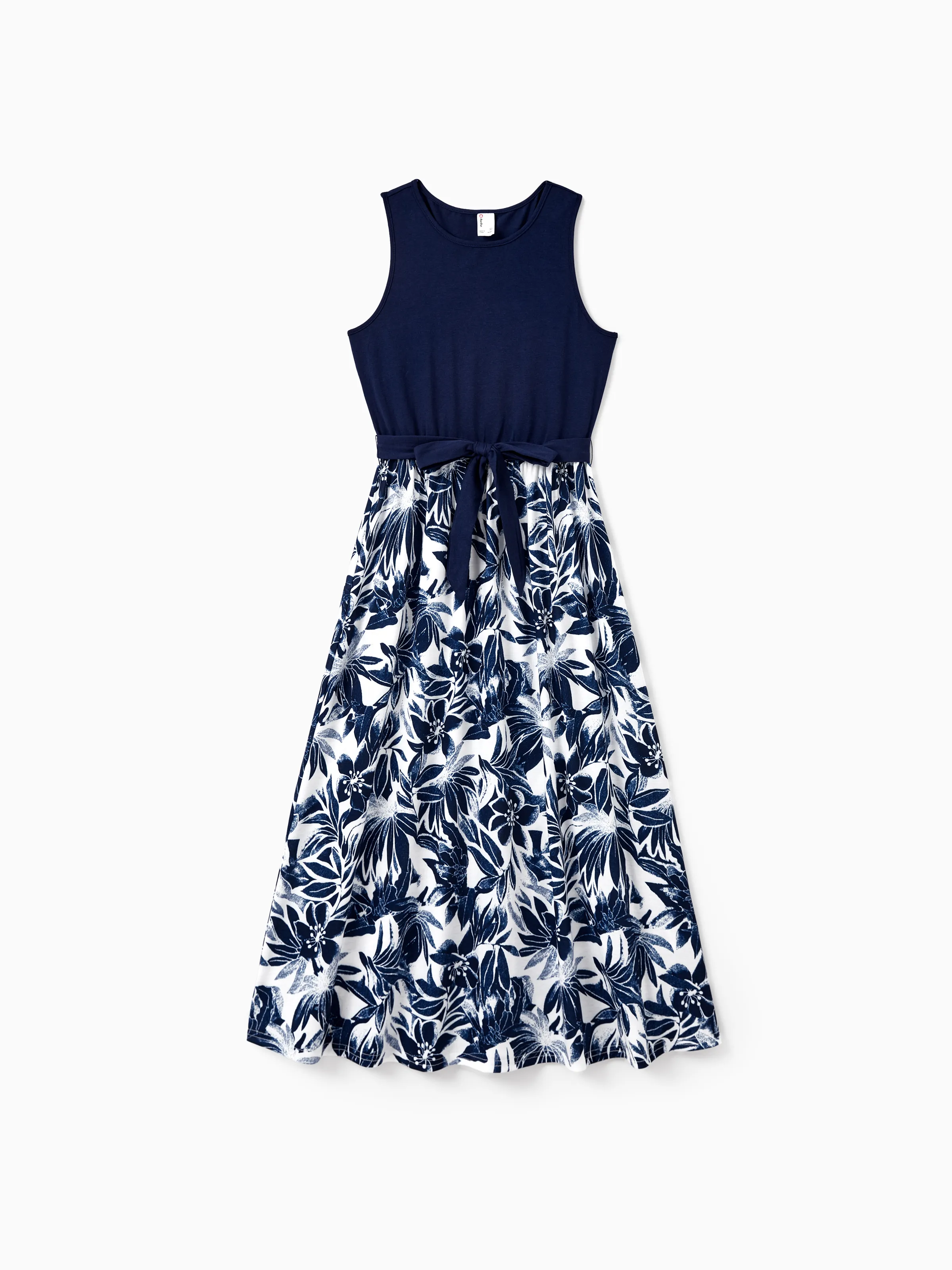 Family Matching Cotton Tee Flora Print Splicing Shirt or Tank Dress Deep Blue - Image 3