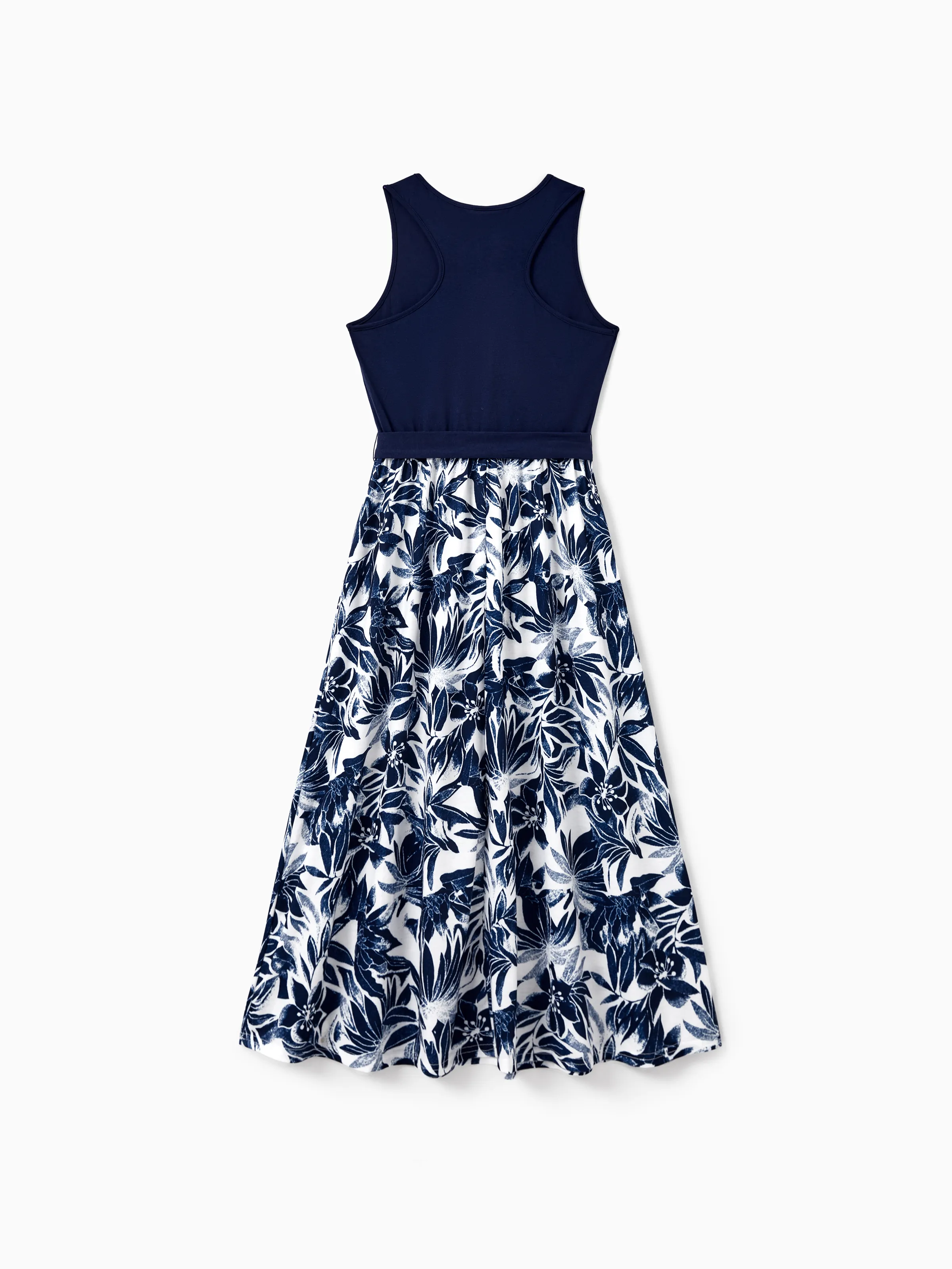 Family Matching Cotton Tee Flora Print Splicing Shirt or Tank Dress Deep Blue - Image 4