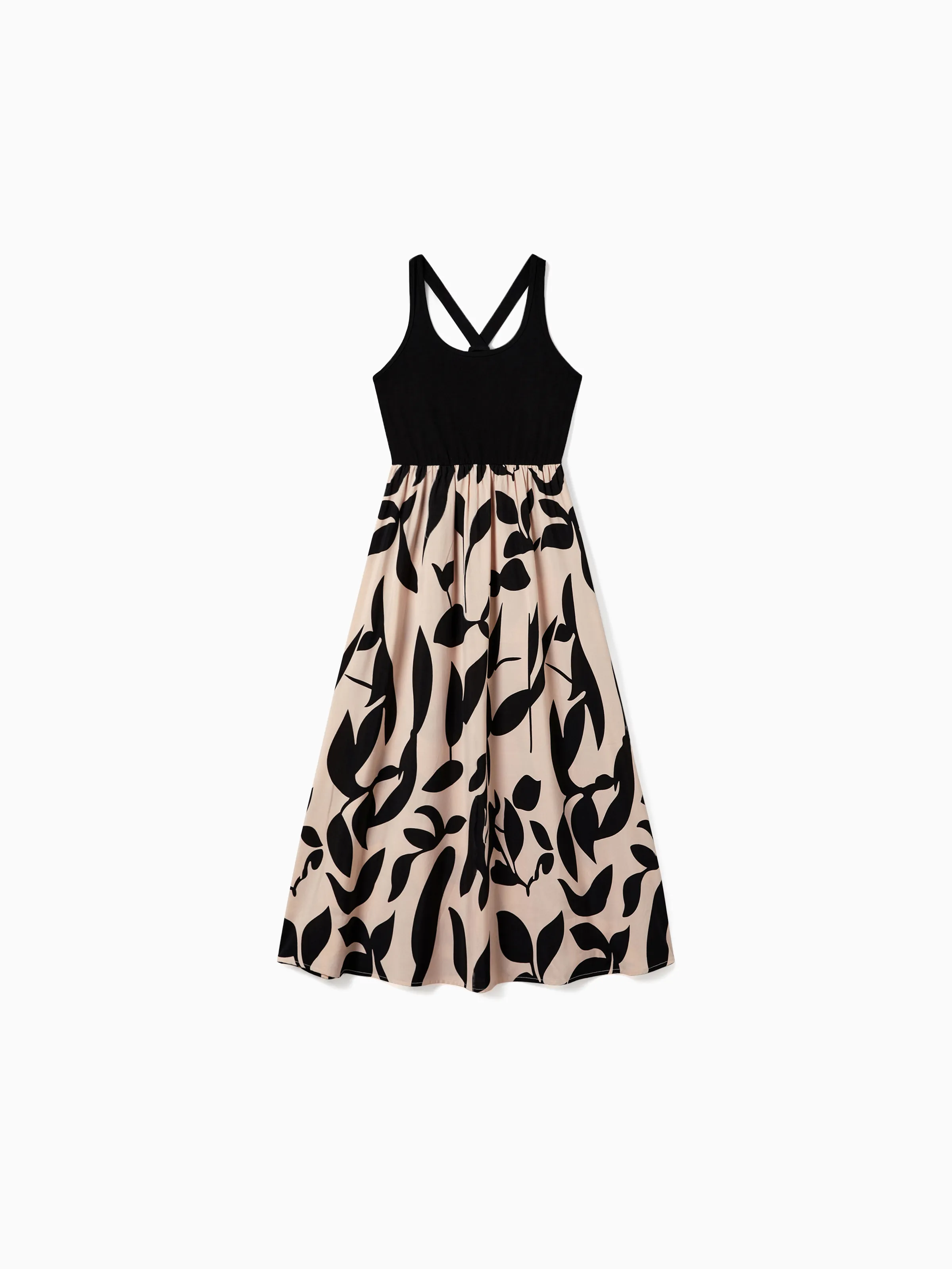 Family Matching Cross Back Floral Strap Dress and Colorblock Top Sets Black - Image 4