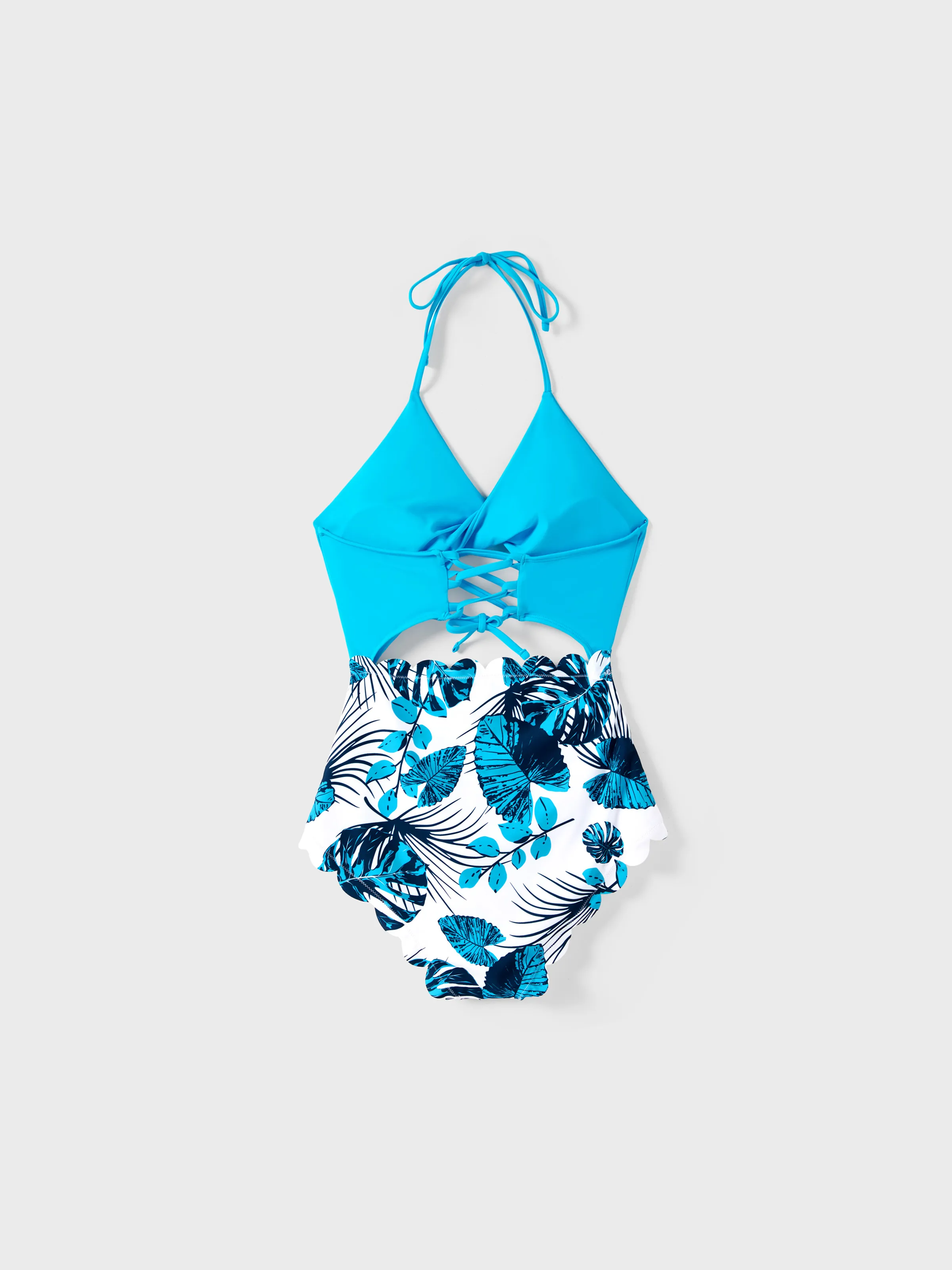 Family Matching Drawstring Swim Trunks or Cut Out Lace UP Back One-Piece Swimsuit BLUEWHITE - Image 3