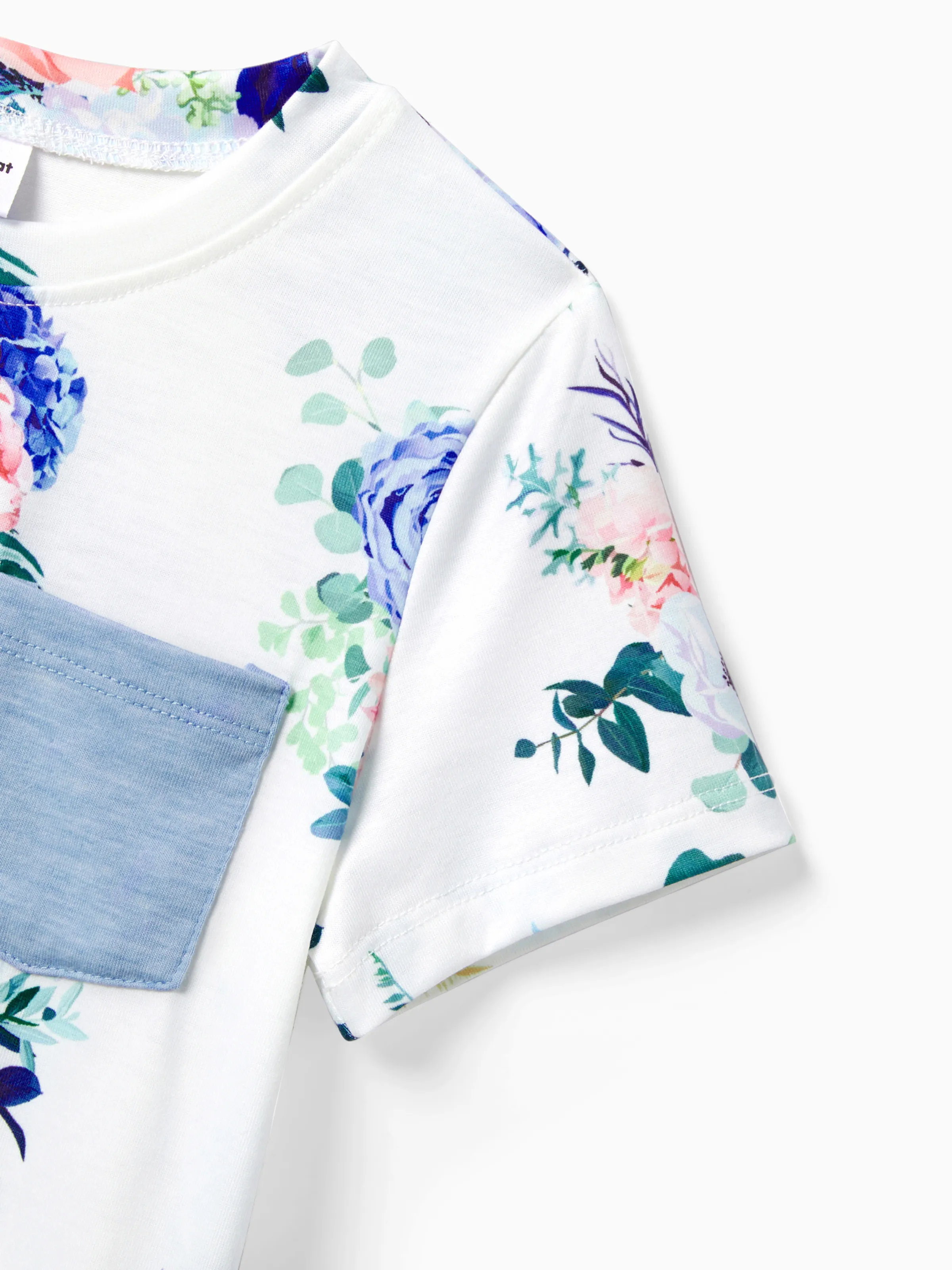 Family Matching Floral Colorblock T-Shirt and Quarter Button Belted Spliced A-Line Dress Sets lightskyblue - Image 17