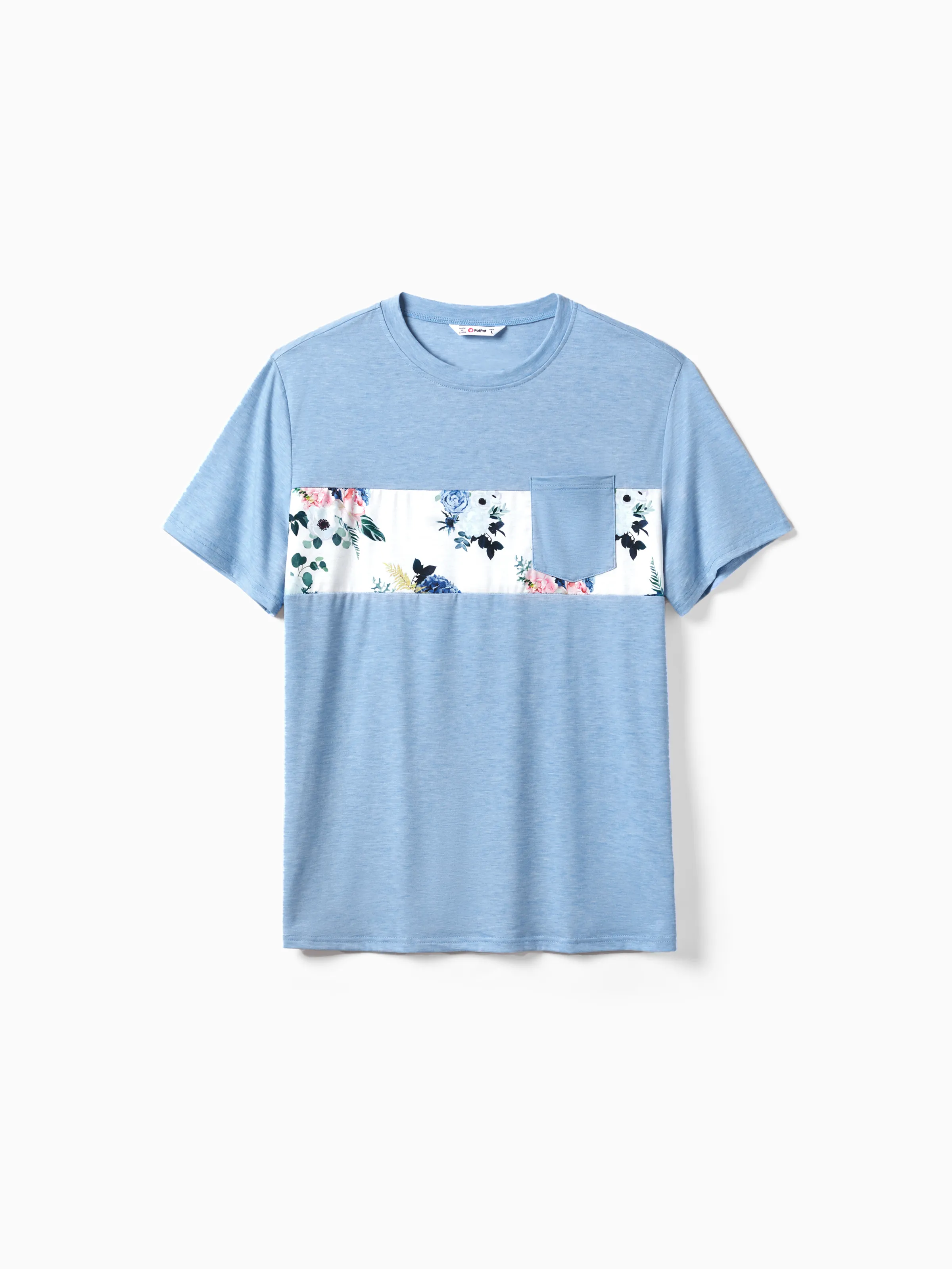 Family Matching Floral Colorblock T-Shirt and Quarter Button Belted Spliced A-Line Dress Sets lightskyblue - Image 19