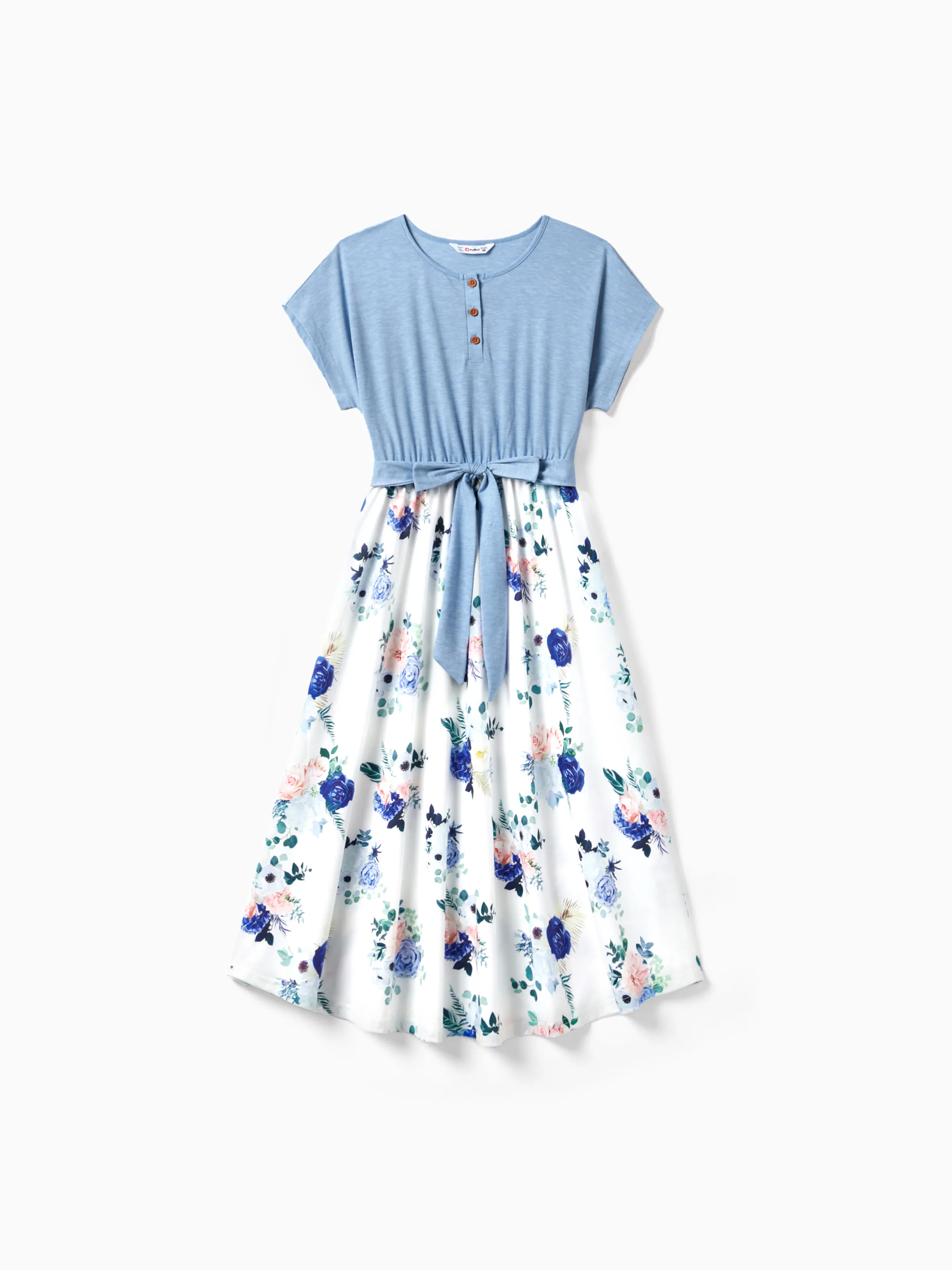 Family Matching Floral Colorblock T-Shirt and Quarter Button Belted Spliced A-Line Dress Sets lightskyblue - Image 2