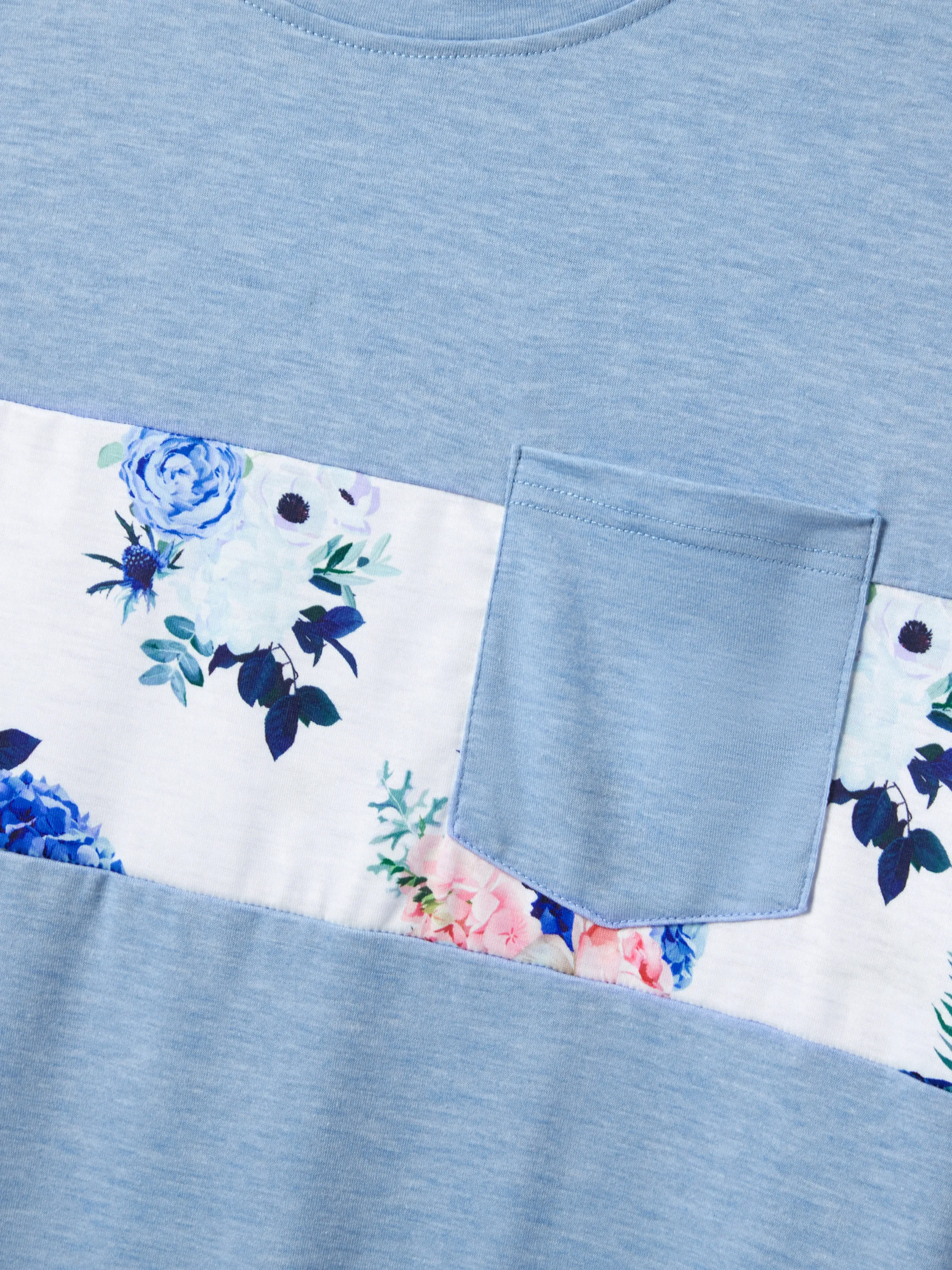 Family Matching Floral Colorblock T-Shirt and Quarter Button Belted Spliced A-Line Dress Sets lightskyblue - Image 21