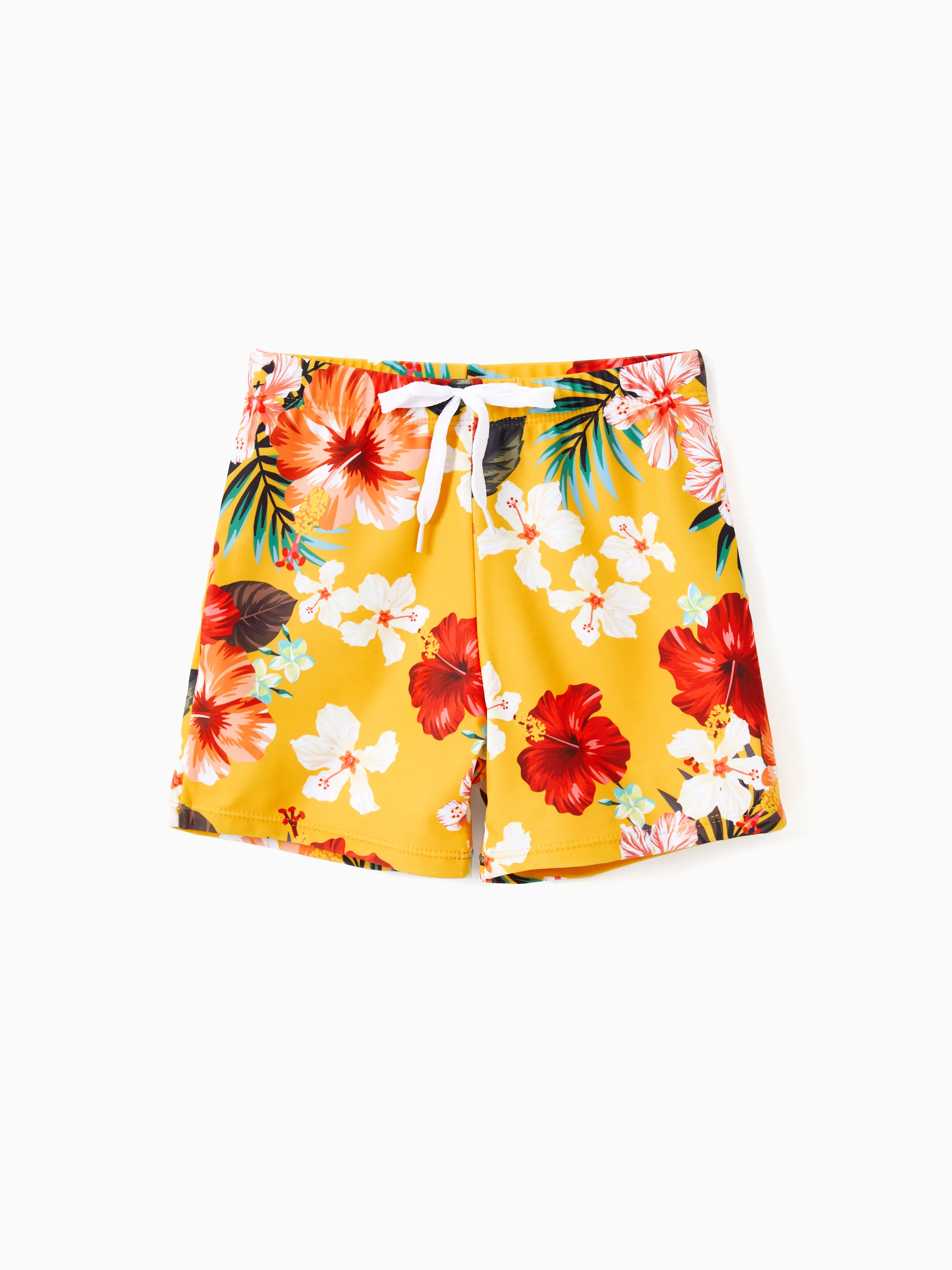 Family Matching Floral Drawstring Swim Trunks or Flowy Spliced Mesh Swim Dress with Triangle Swim Bottom Yellow - Image 12