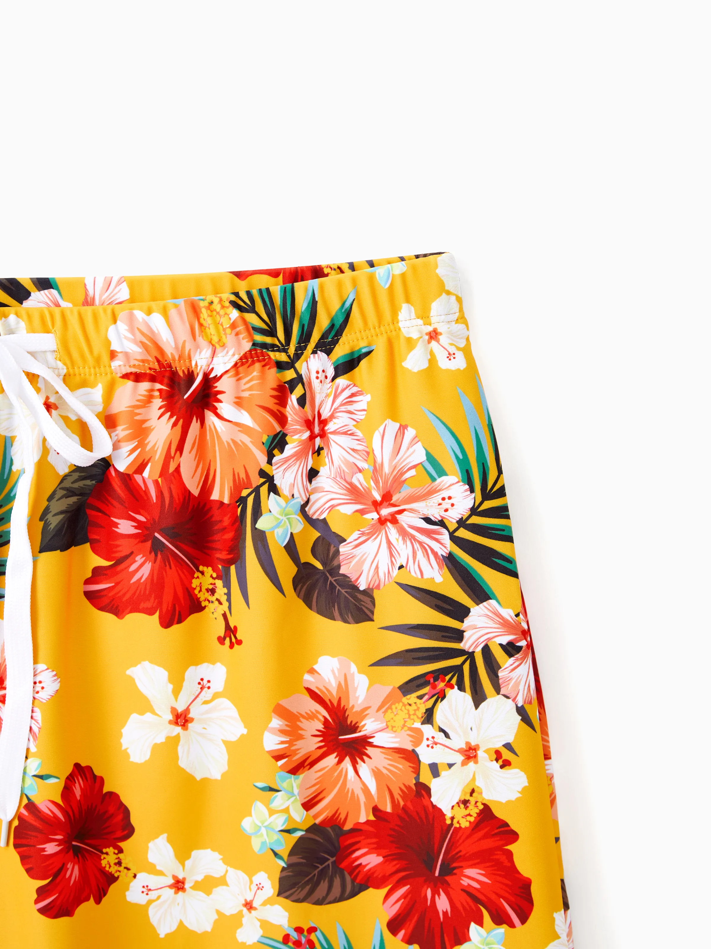 Family Matching Floral Drawstring Swim Trunks or Flowy Spliced Mesh Swim Dress with Triangle Swim Bottom Yellow - Image 19