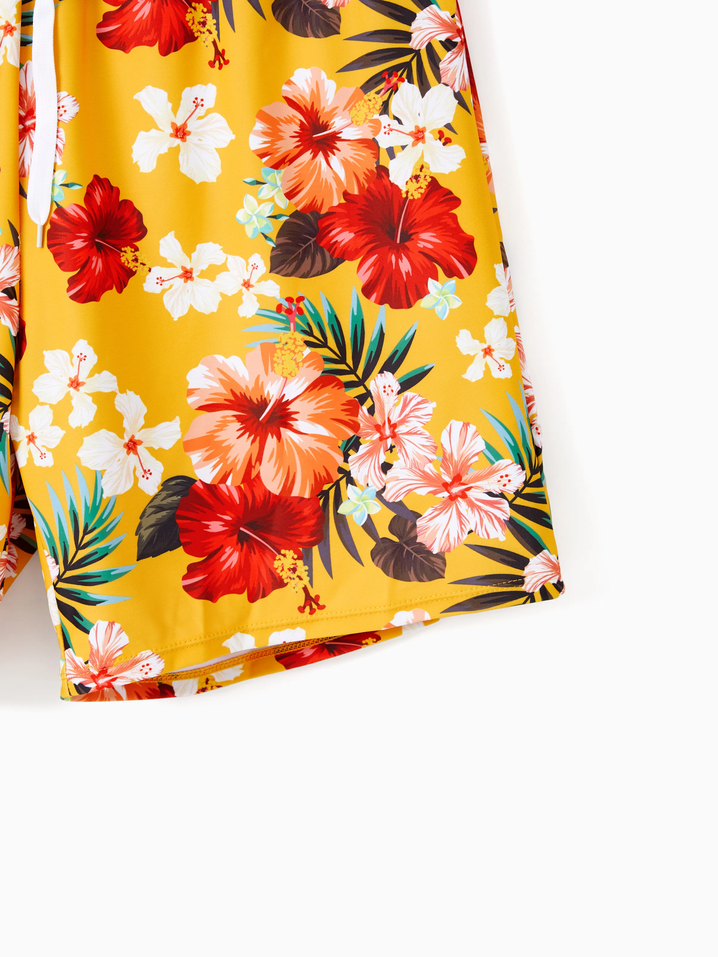 Family Matching Floral Drawstring Swim Trunks or Flowy Spliced Mesh Swim Dress with Triangle Swim Bottom Yellow - Image 20