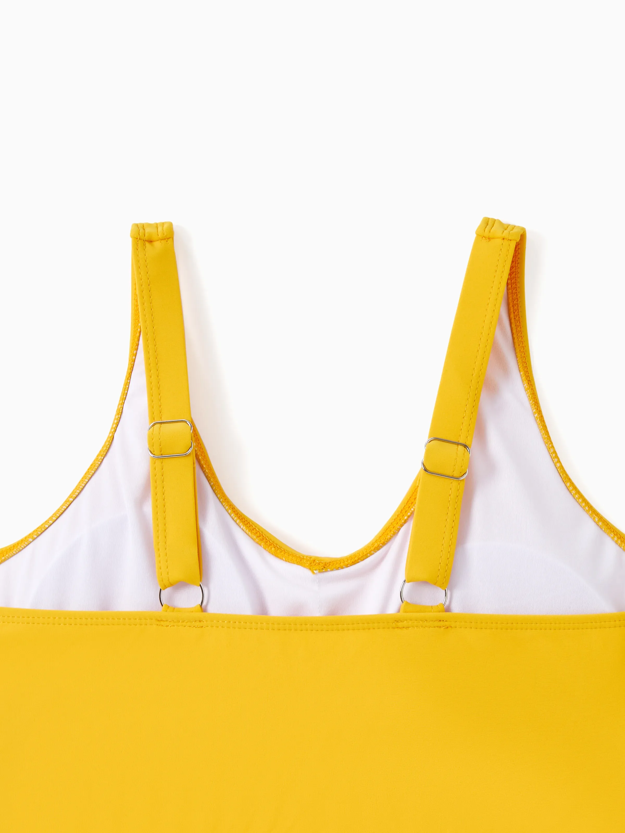 Family Matching Floral Drawstring Swim Trunks or Flowy Spliced Mesh Swim Dress with Triangle Swim Bottom Yellow - Image 4