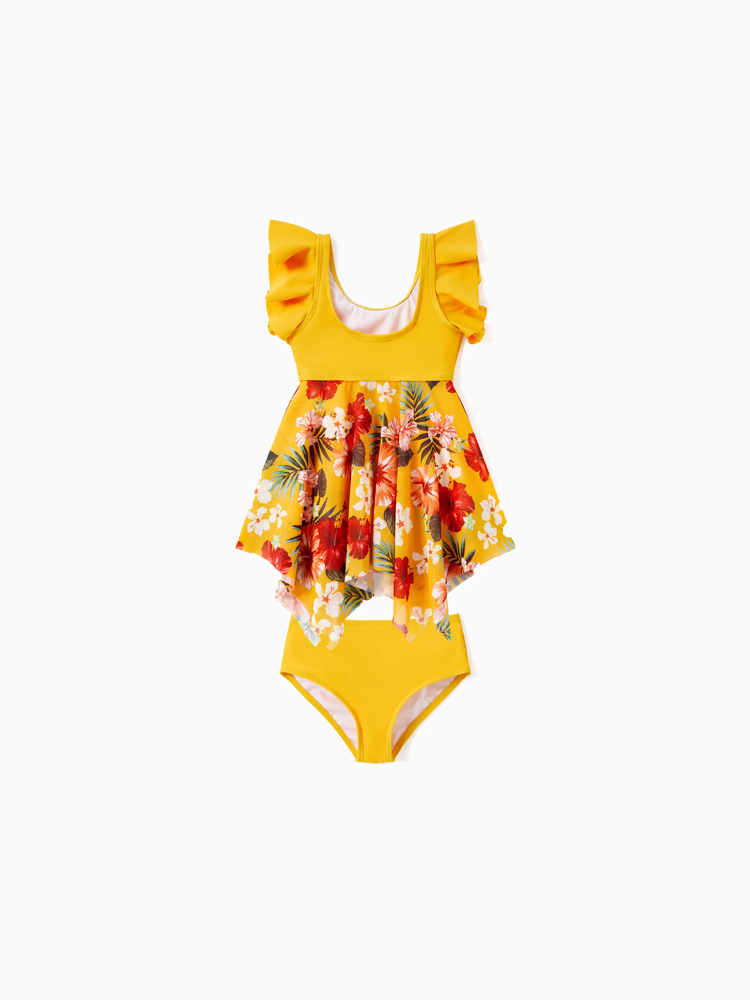 Family Matching Floral Drawstring Swim Trunks or Flowy Spliced Mesh Swim Dress with Triangle Swim Bottom Yellow - Image 8