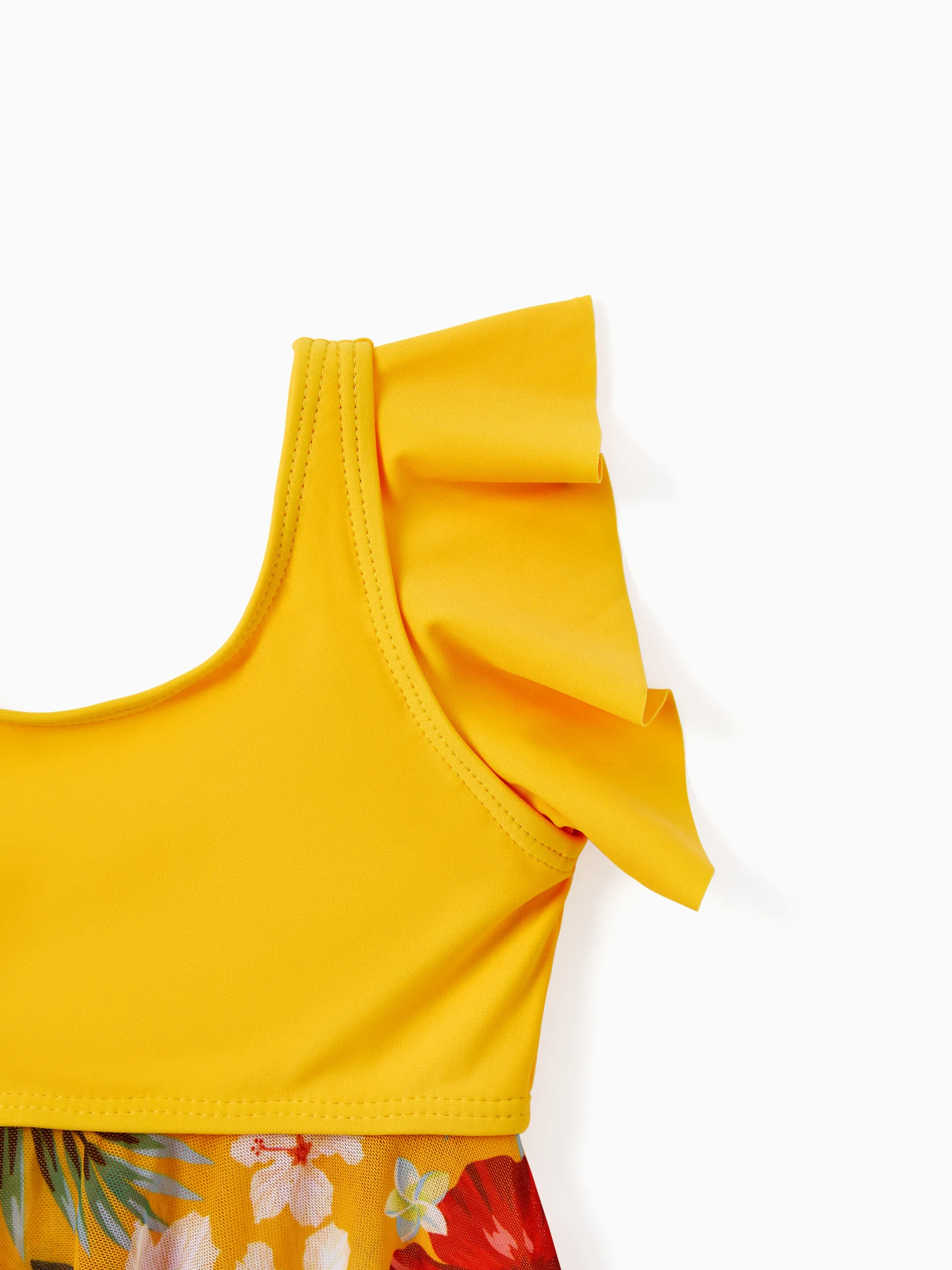 Family Matching Floral Drawstring Swim Trunks or Flowy Spliced Mesh Swim Dress with Triangle Swim Bottom Yellow - Image 9