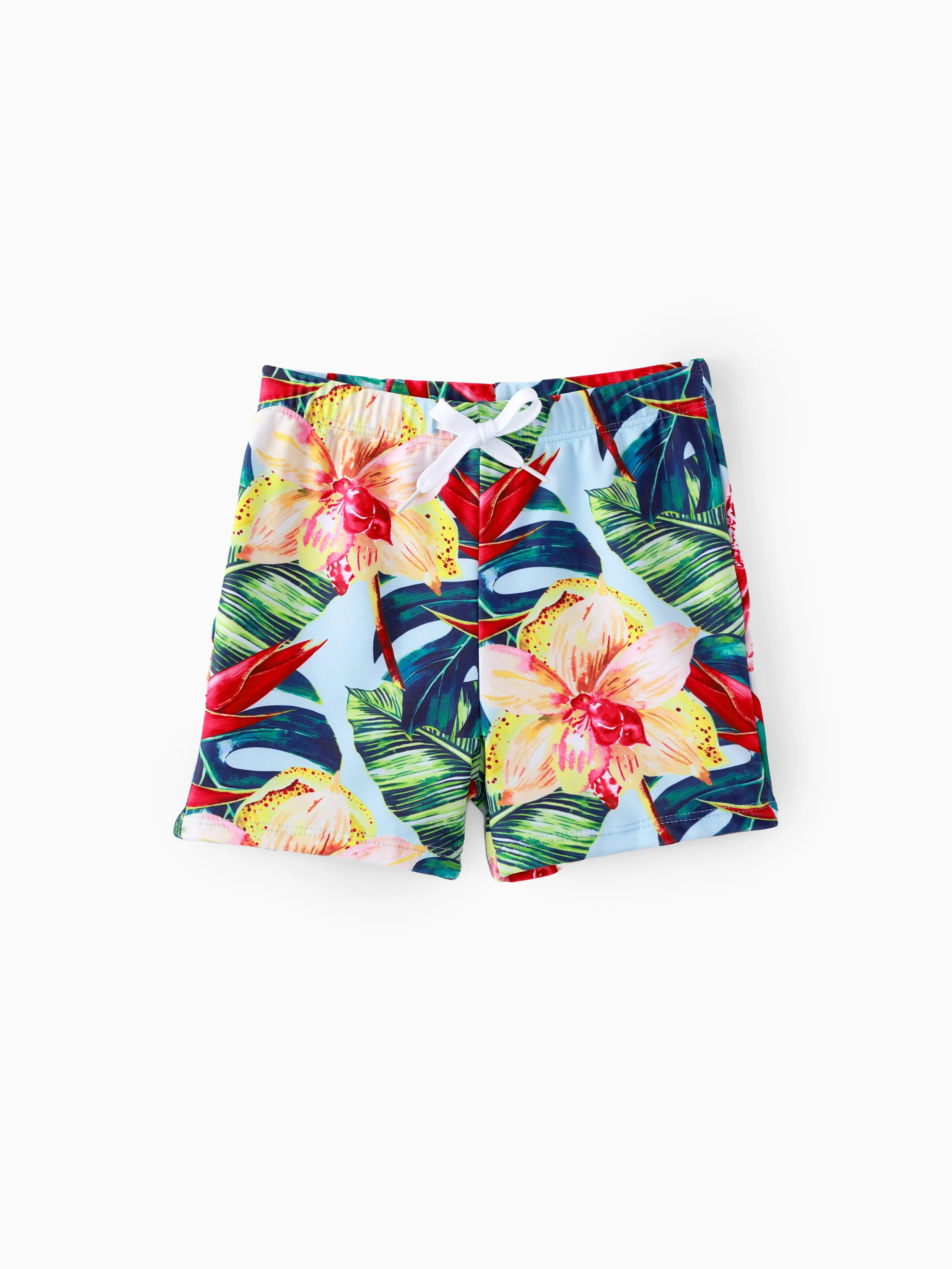 Family Matching Floral Drawstring Swim Trunks or Ruched Shell Edge Bikini with Optional Swim Cover Up Red - Image 12