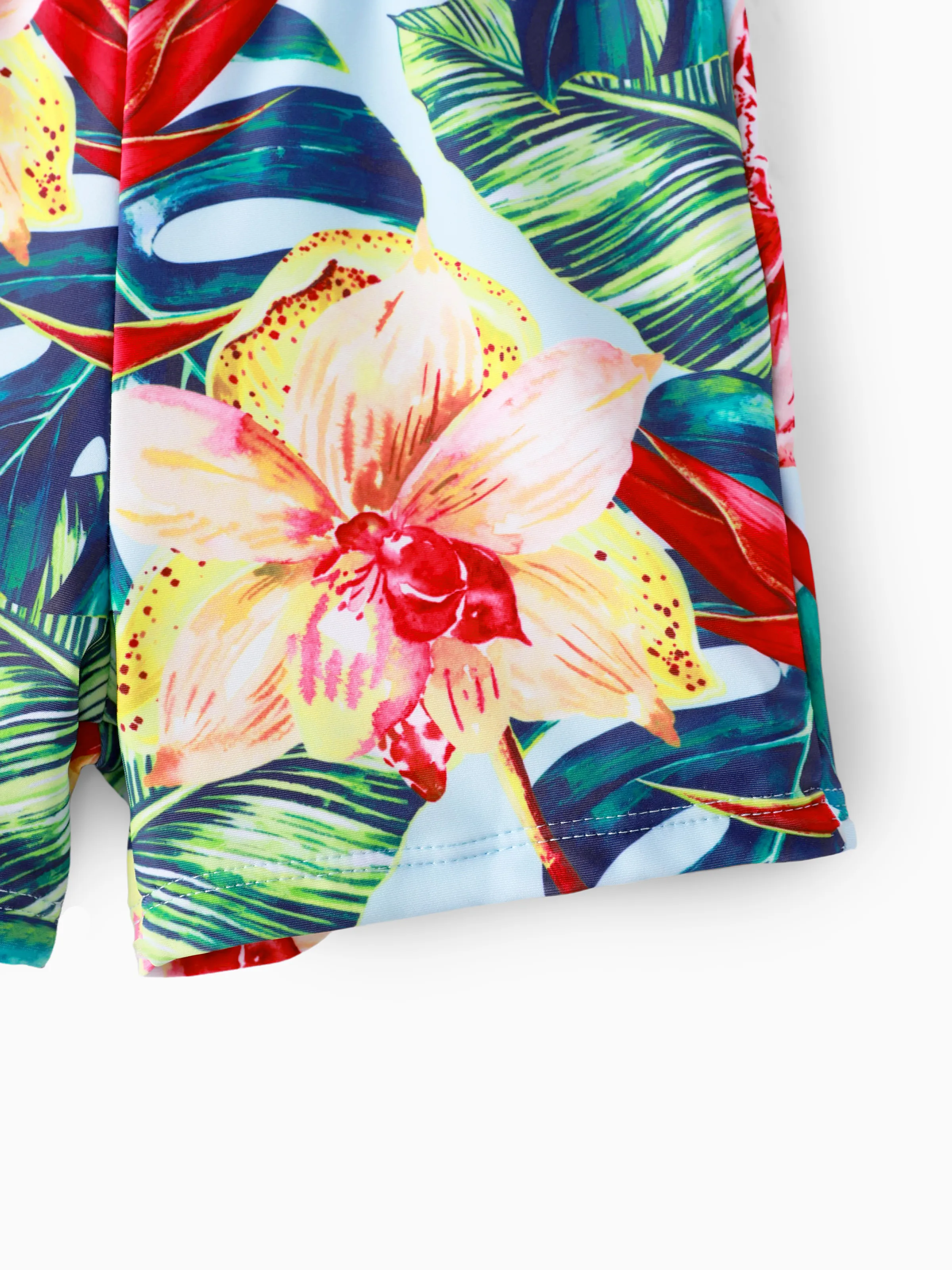 Family Matching Floral Drawstring Swim Trunks or Ruched Shell Edge Bikini with Optional Swim Cover Up Red - Image 14