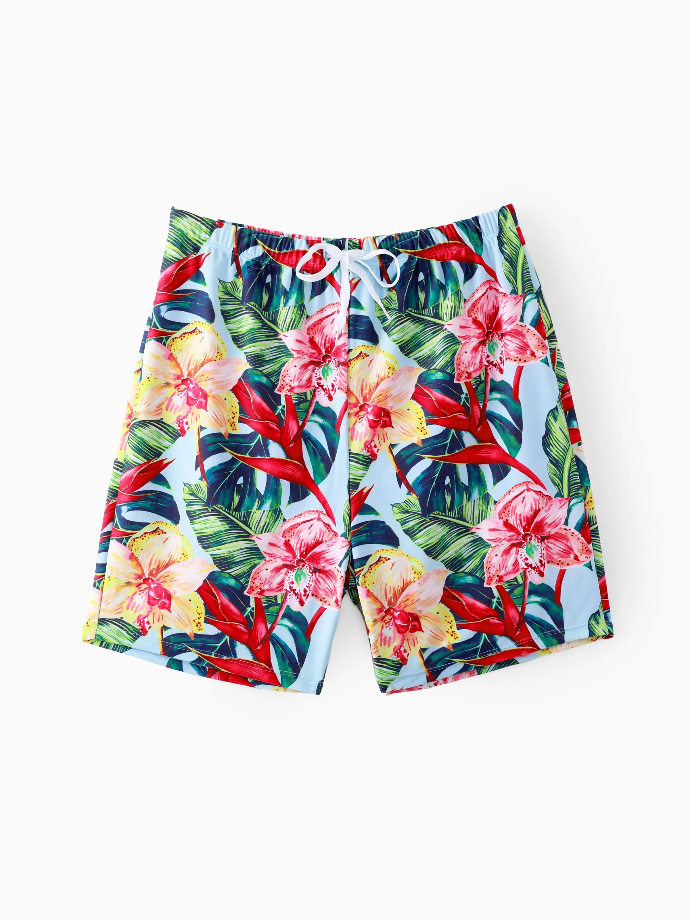 Family Matching Floral Drawstring Swim Trunks or Ruched Shell Edge Bikini with Optional Swim Cover Up Red - Image 16