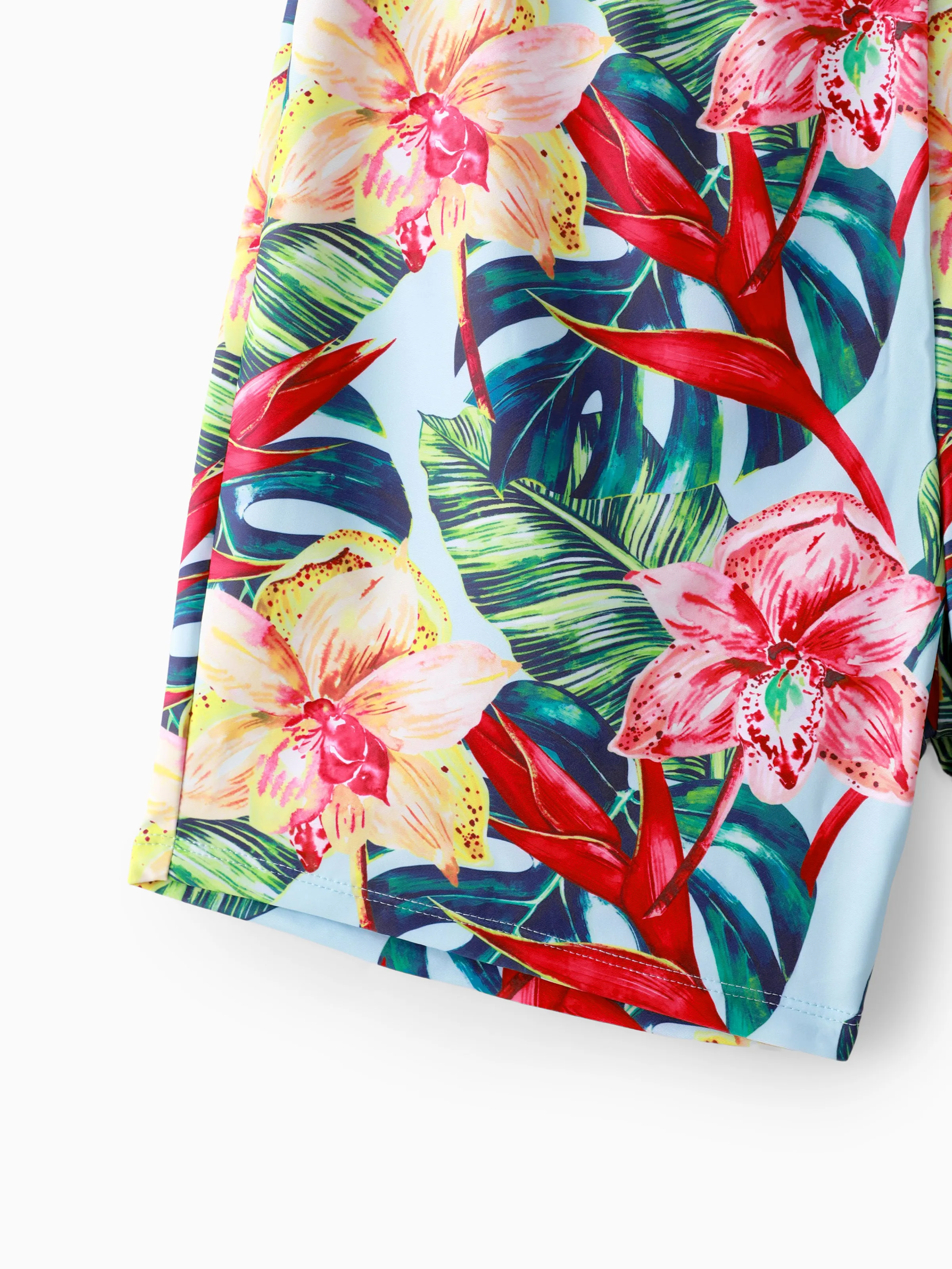 Family Matching Floral Drawstring Swim Trunks or Ruched Shell Edge Bikini with Optional Swim Cover Up Red - Image 18