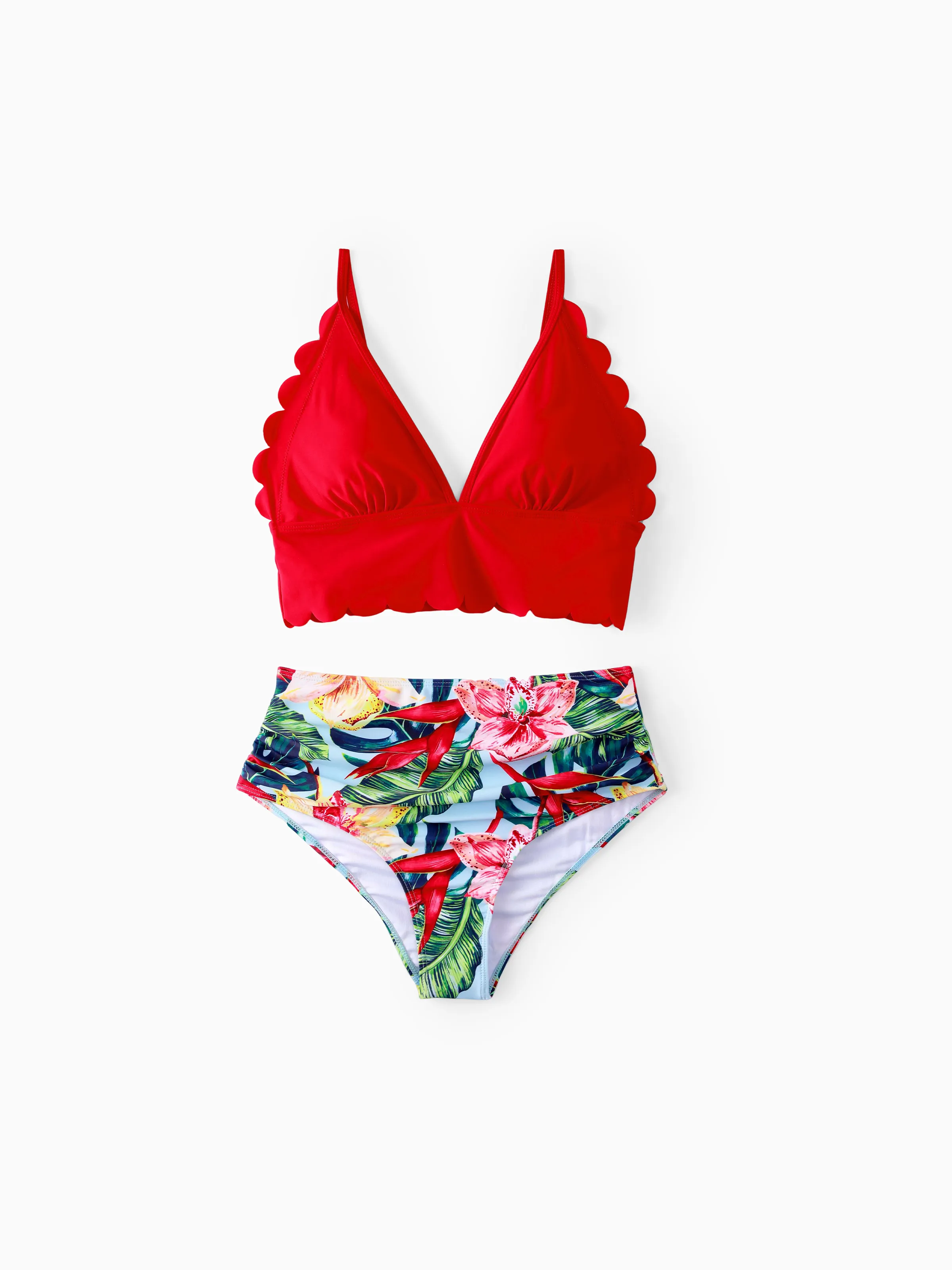 Family Matching Floral Drawstring Swim Trunks or Ruched Shell Edge Bikini with Optional Swim Cover Up Red - Image 3