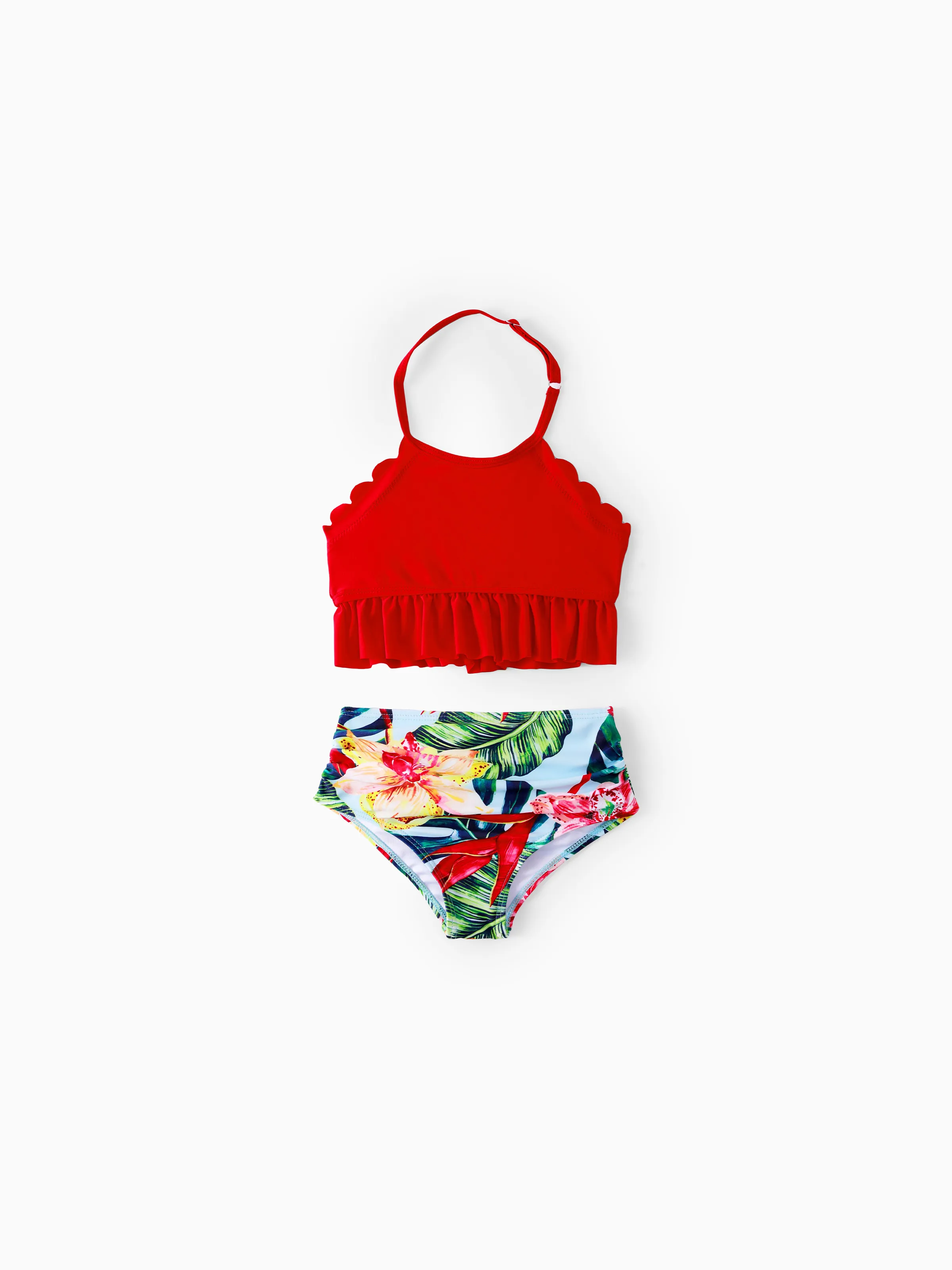 Family Matching Floral Drawstring Swim Trunks or Ruched Shell Edge Bikini with Optional Swim Cover Up Red - Image 8