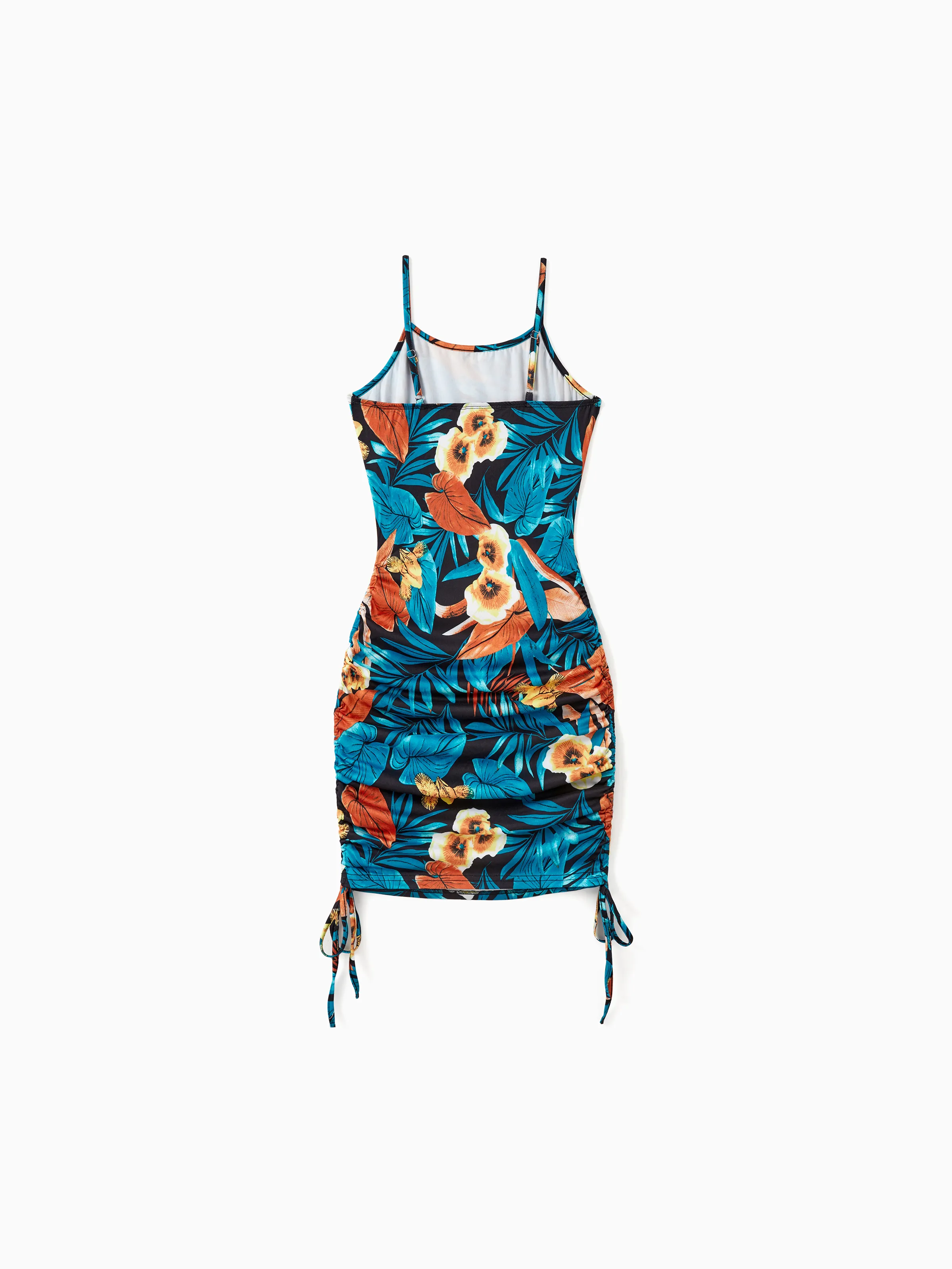 Family Matching Floral Panel T-shirt and Floral Ruched Drawstring Side Strap Dress Sets Black - Image 3