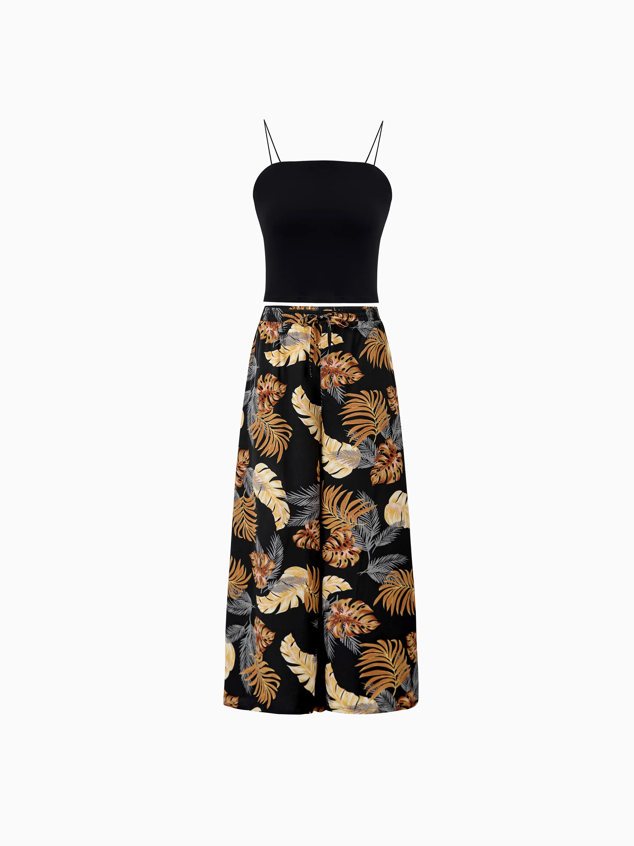 Family Matching Floral Print Beach Wear Short-sleeve Shirt or Camisole top and Wide-Leg Pants Set for Summer Vacation Family Looks Black+White - Image 5