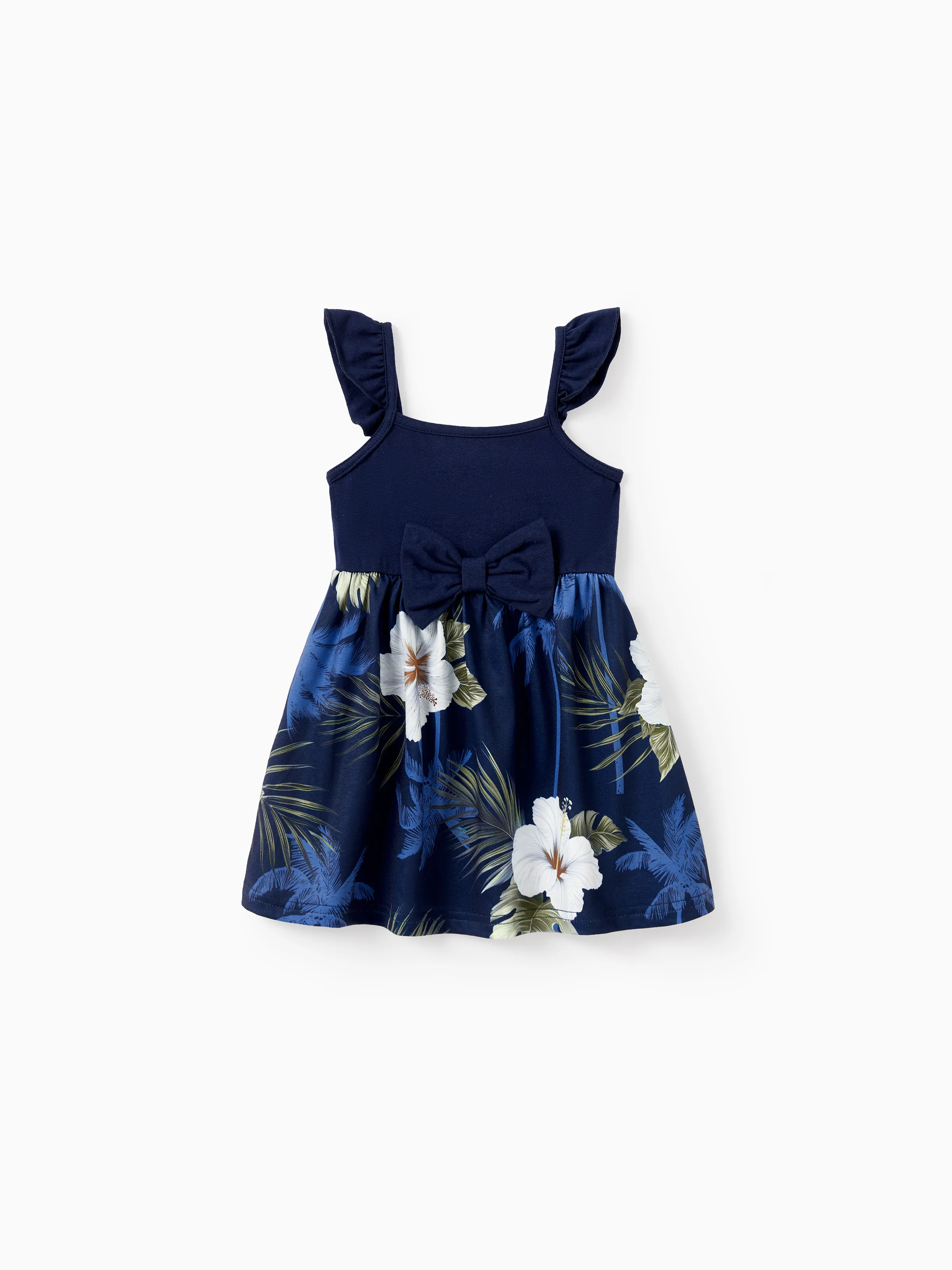 Family Matching Floral Print Cotton Top Short-sleeve Shirt or Splicing Sleeveless Tank Dress Deep Blue - Image 12