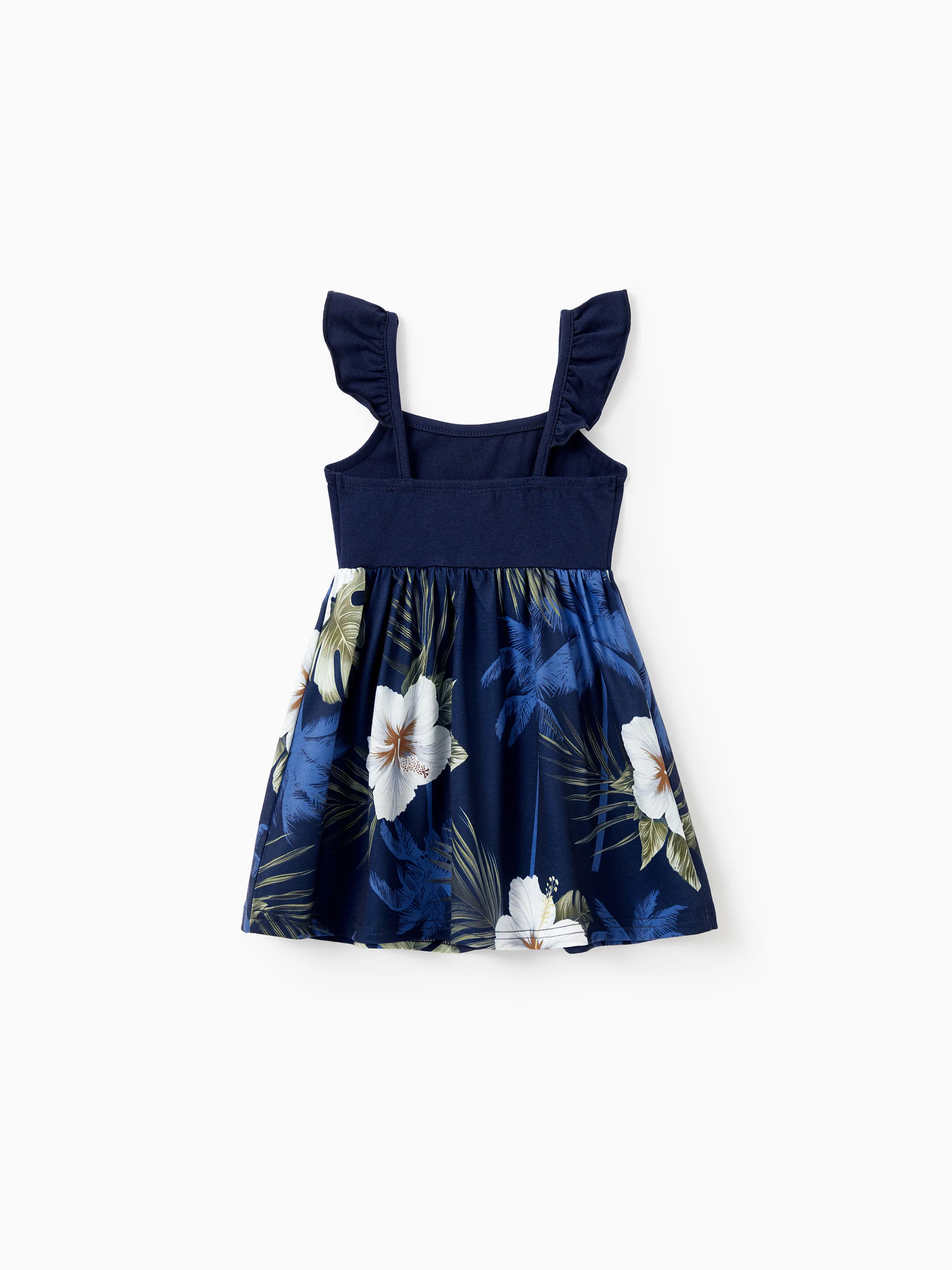 Family Matching Floral Print Cotton Top Short-sleeve Shirt or Splicing Sleeveless Tank Dress Deep Blue - Image 13