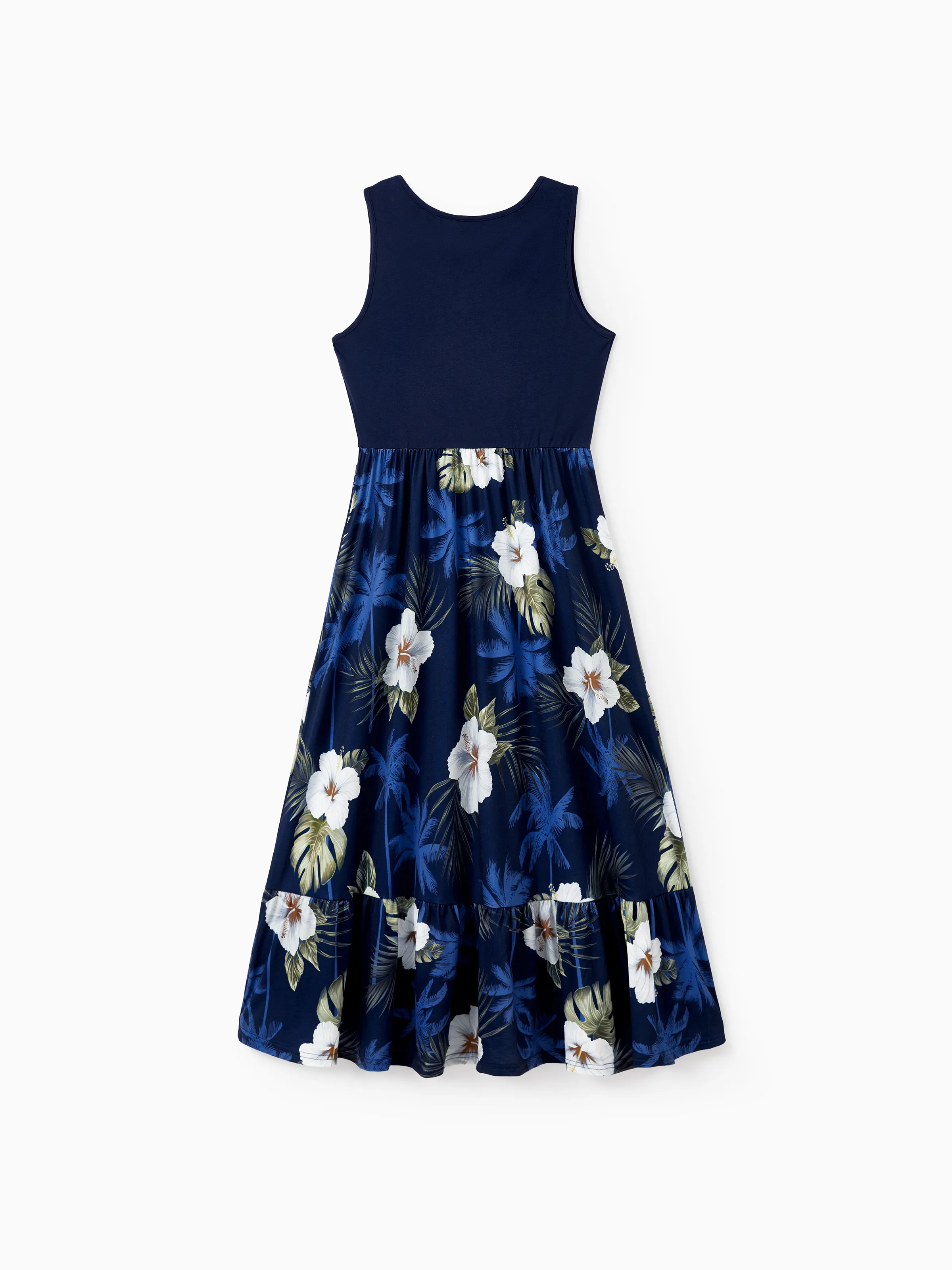 Family Matching Floral Print Cotton Top Short-sleeve Shirt or Splicing Sleeveless Tank Dress Deep Blue - Image 3