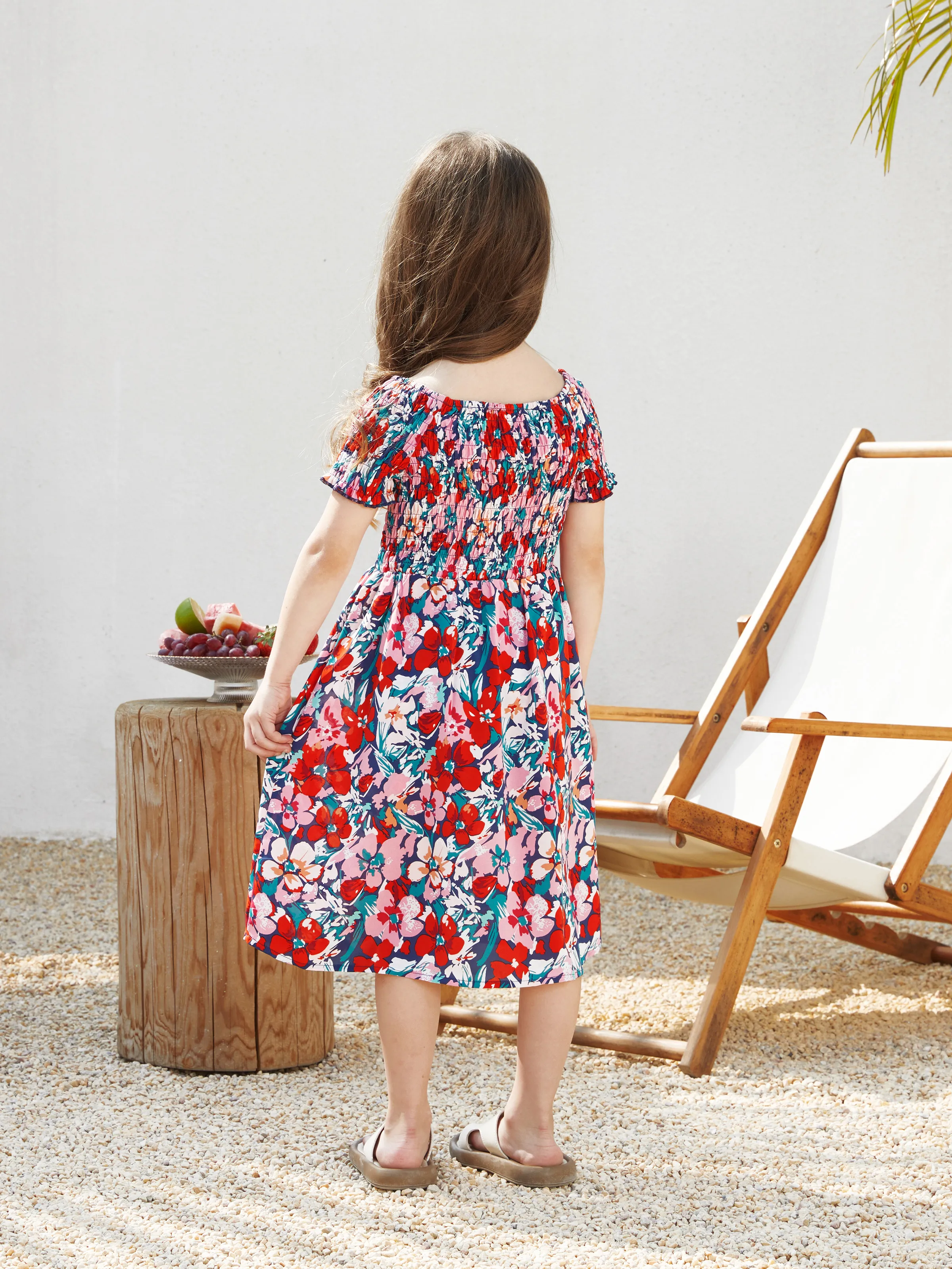 Family Matching Floral Print Short-sleeve Shirt or Off Shoulder Smocking Dresses Set Dark Blue - Image 10