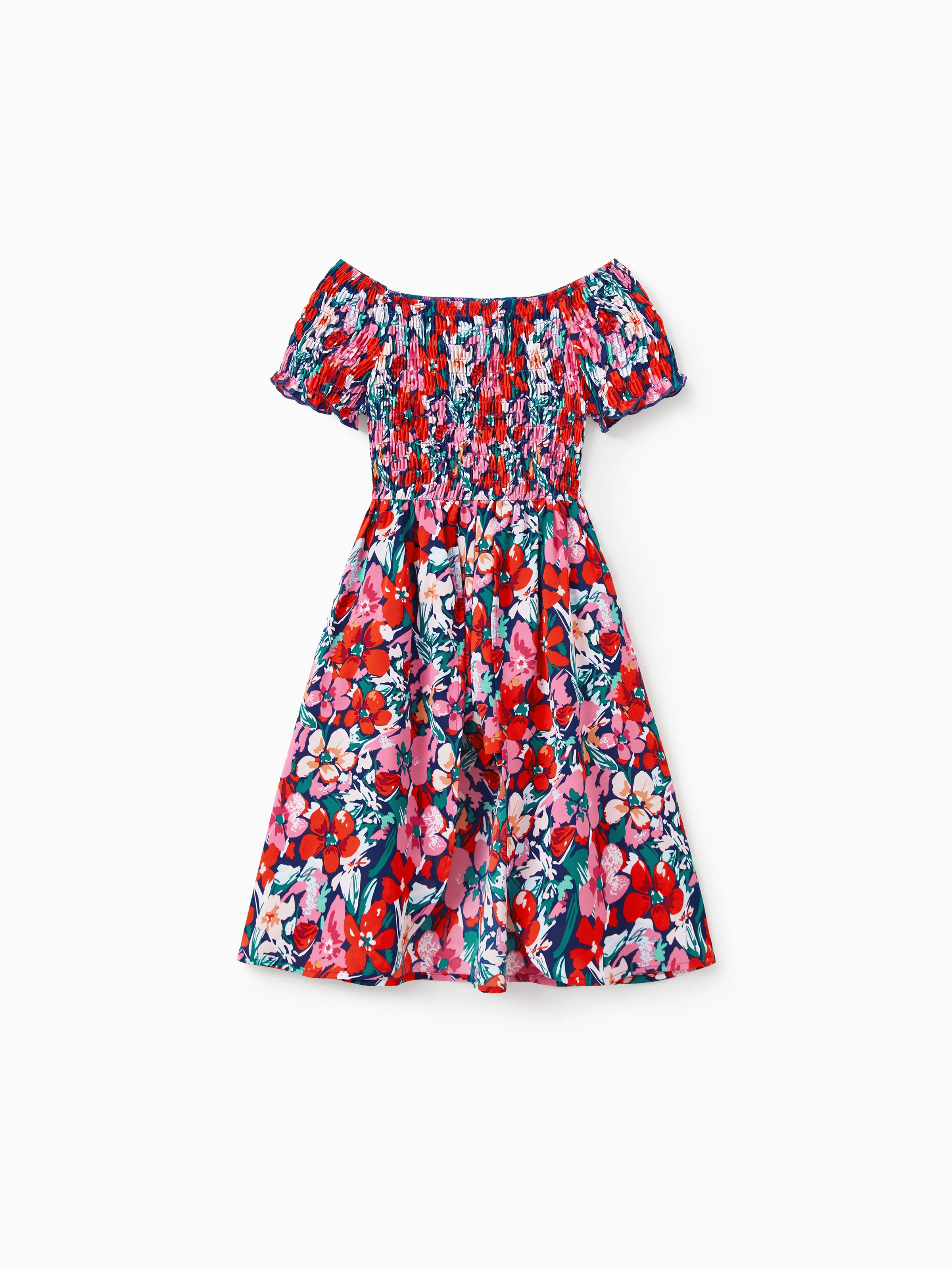 Family Matching Floral Print Short-sleeve Shirt or Off Shoulder Smocking Dresses Set Dark Blue - Image 11