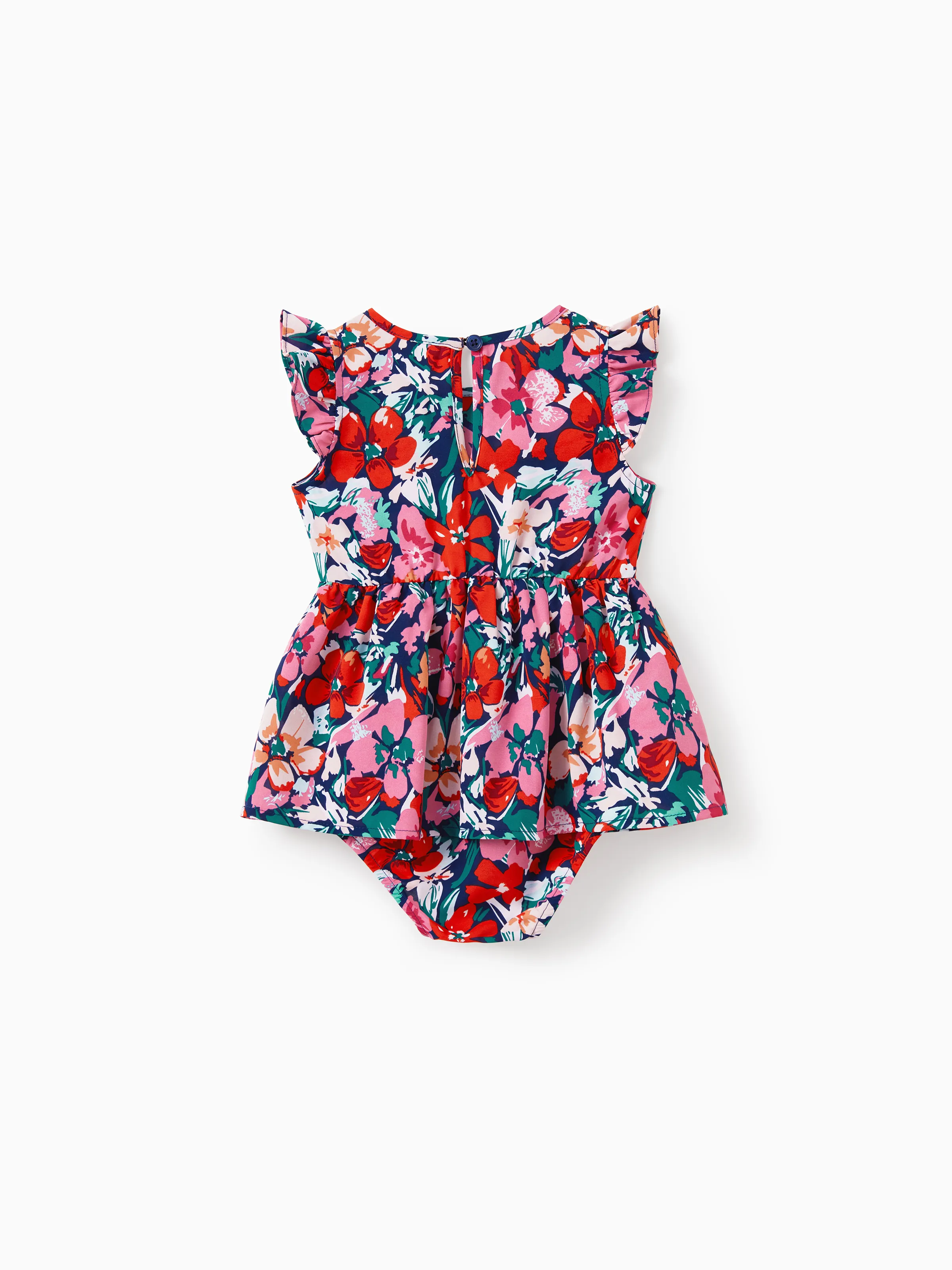 Family Matching Floral Print Short-sleeve Shirt or Off Shoulder Smocking Dresses Set Dark Blue - Image 14