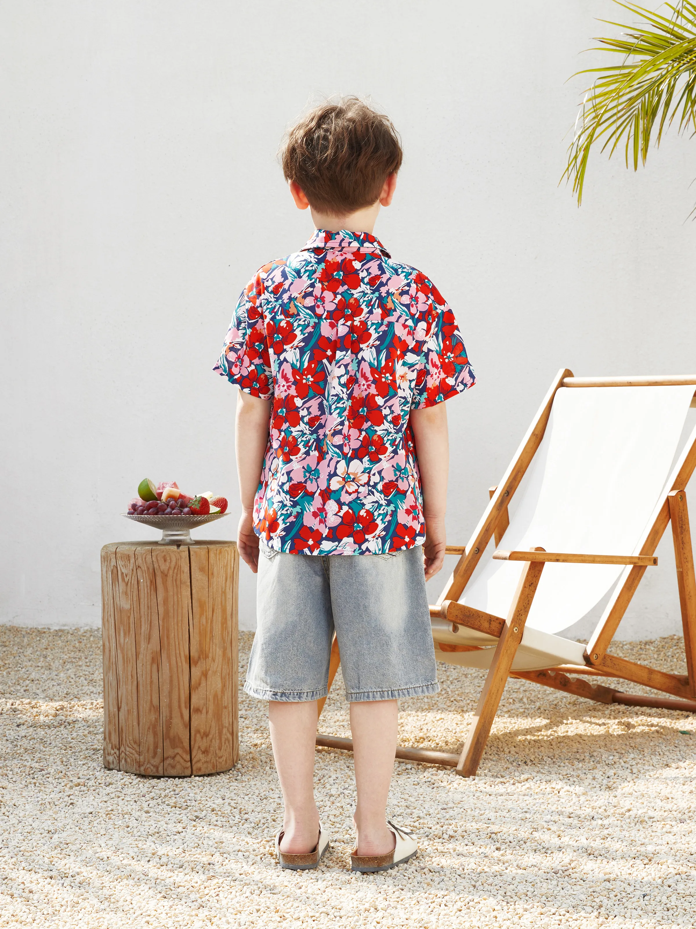 Family Matching Floral Print Short-sleeve Shirt or Off Shoulder Smocking Dresses Set Dark Blue - Image 19