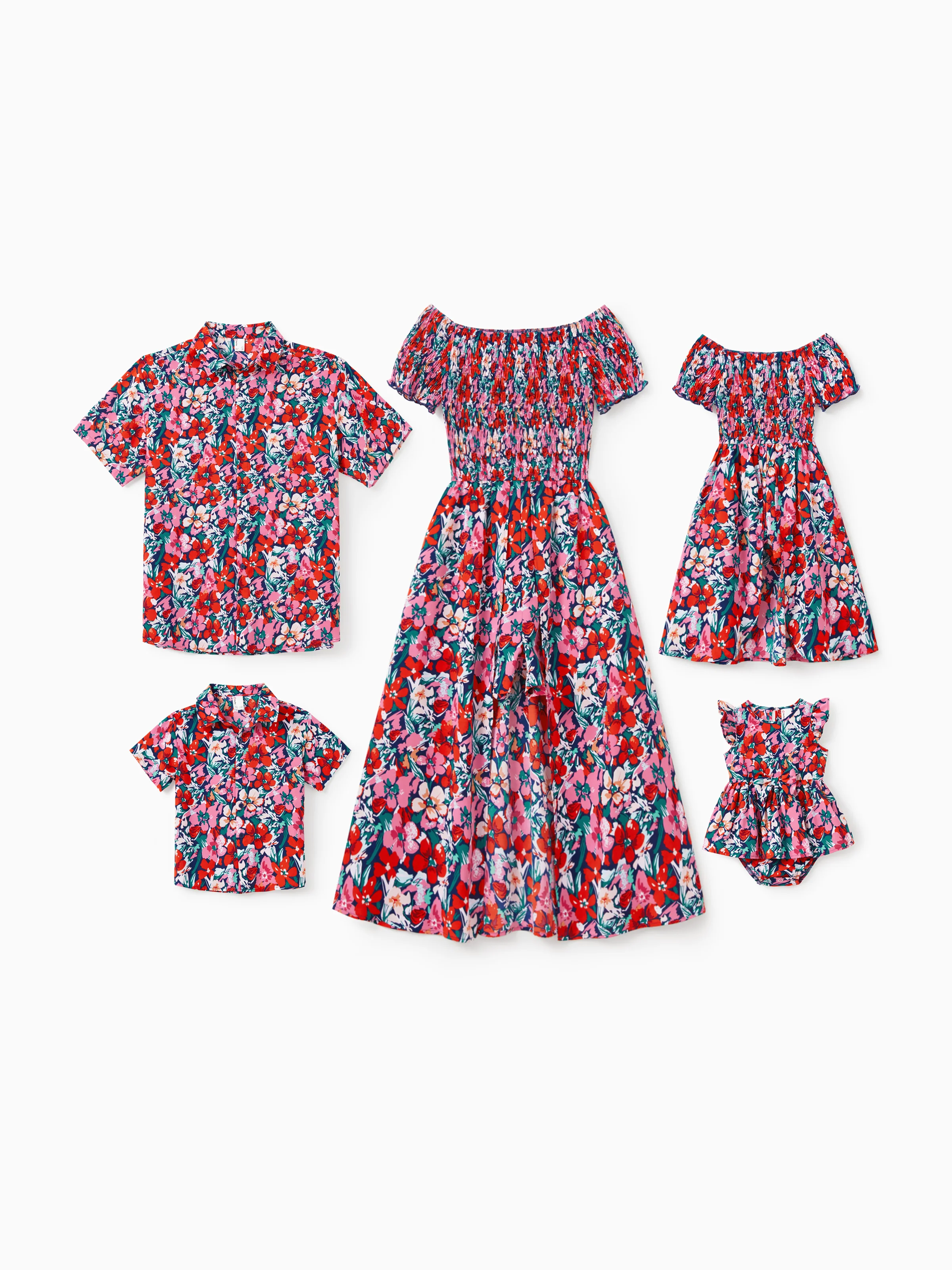 Family Matching Floral Print Short-sleeve Shirt or Off Shoulder Smocking Dresses Set Dark Blue - Image 2
