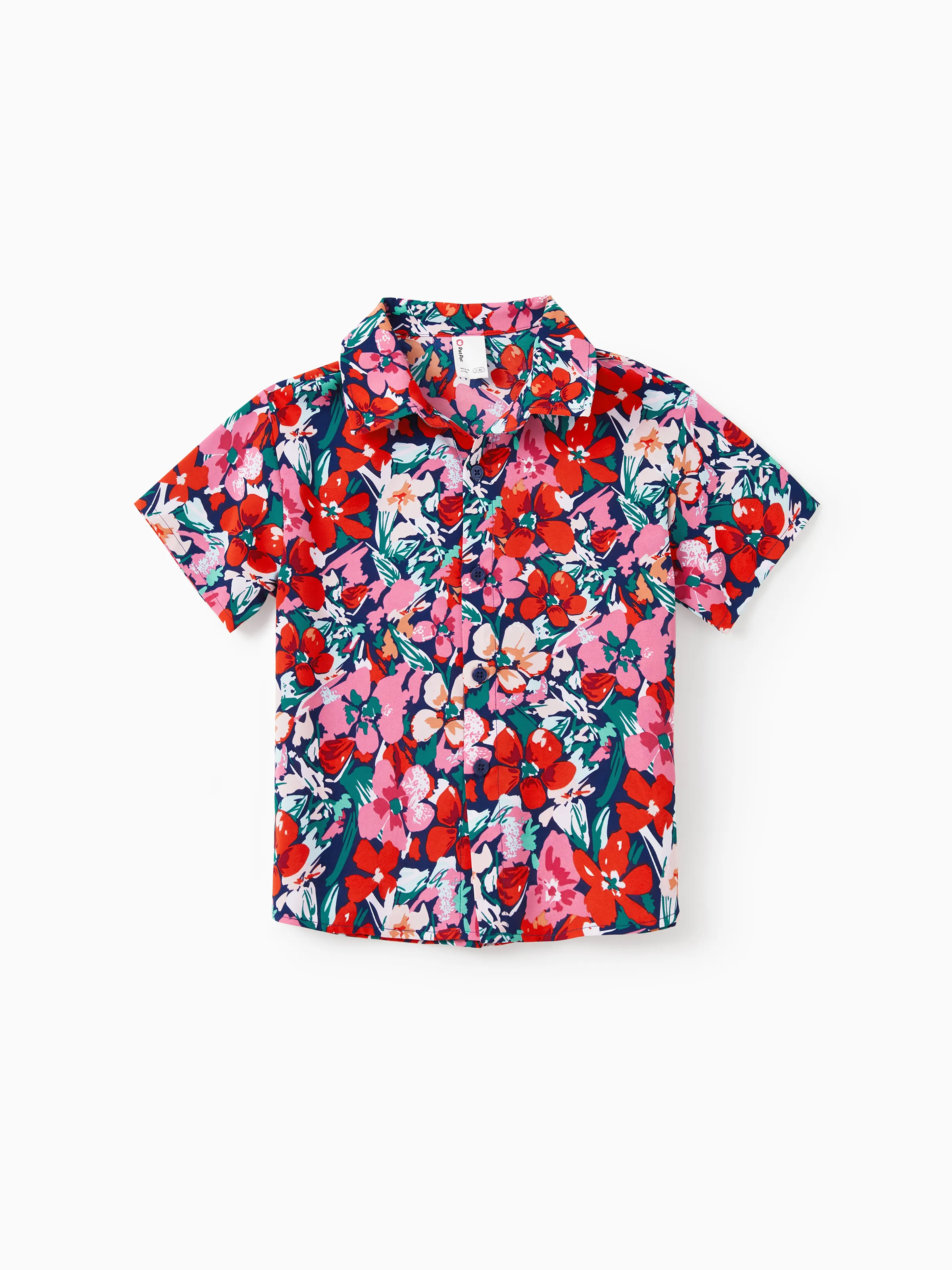 Family Matching Floral Print Short-sleeve Shirt or Off Shoulder Smocking Dresses Set Dark Blue - Image 20