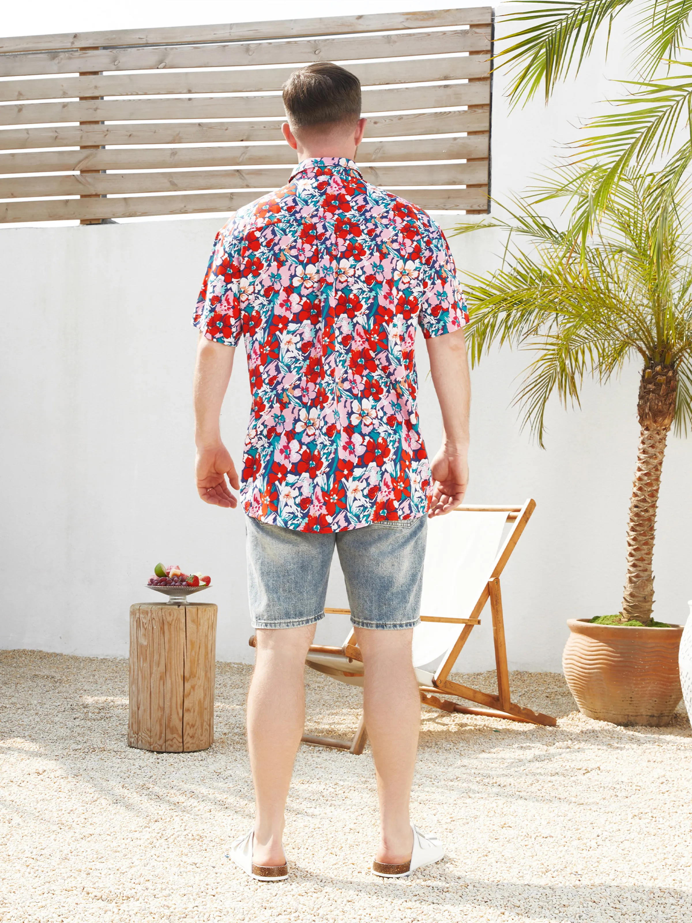 Family Matching Floral Print Short-sleeve Shirt or Off Shoulder Smocking Dresses Set Dark Blue - Image 24