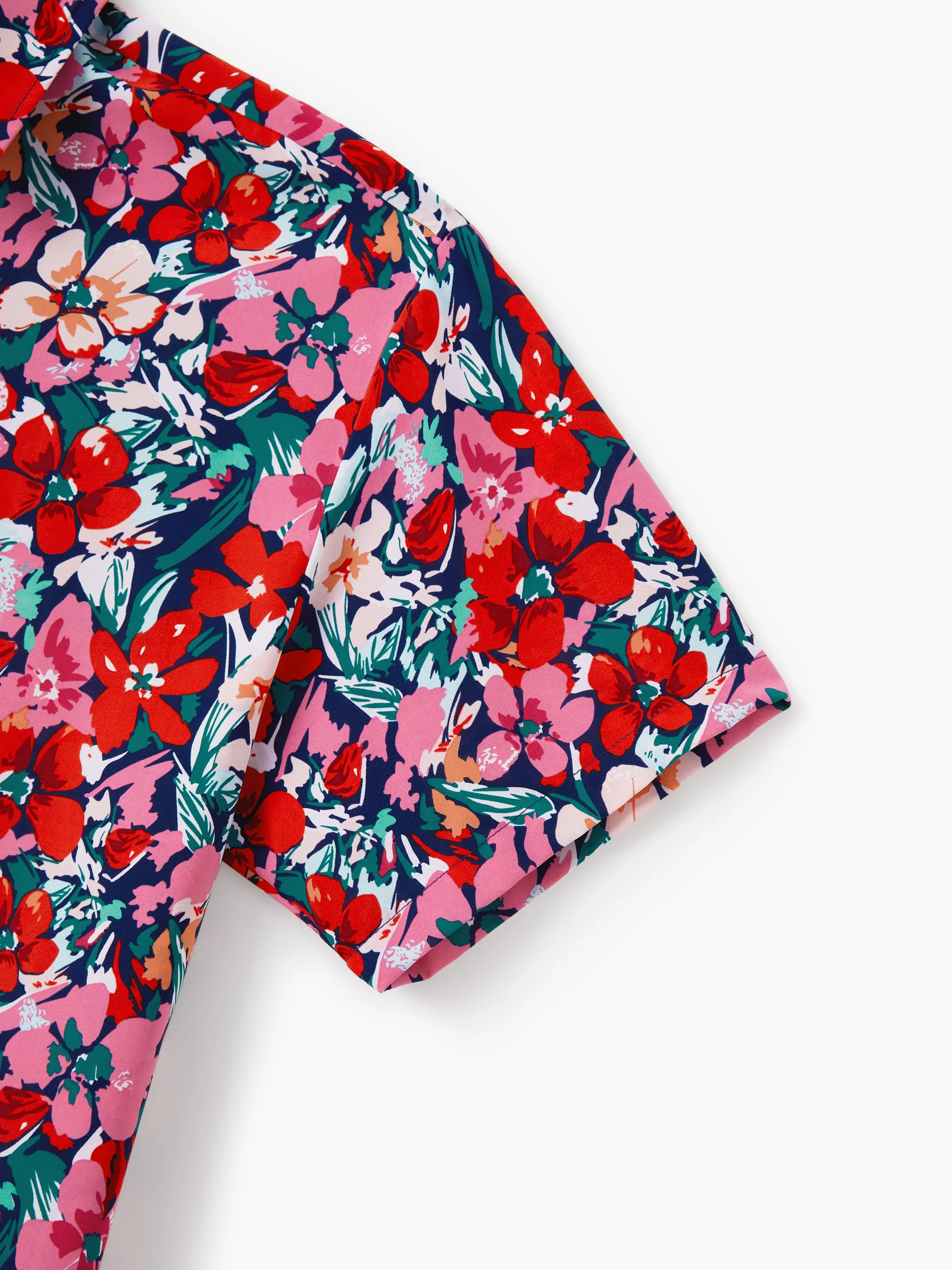 Family Matching Floral Print Short-sleeve Shirt or Off Shoulder Smocking Dresses Set Dark Blue - Image 27