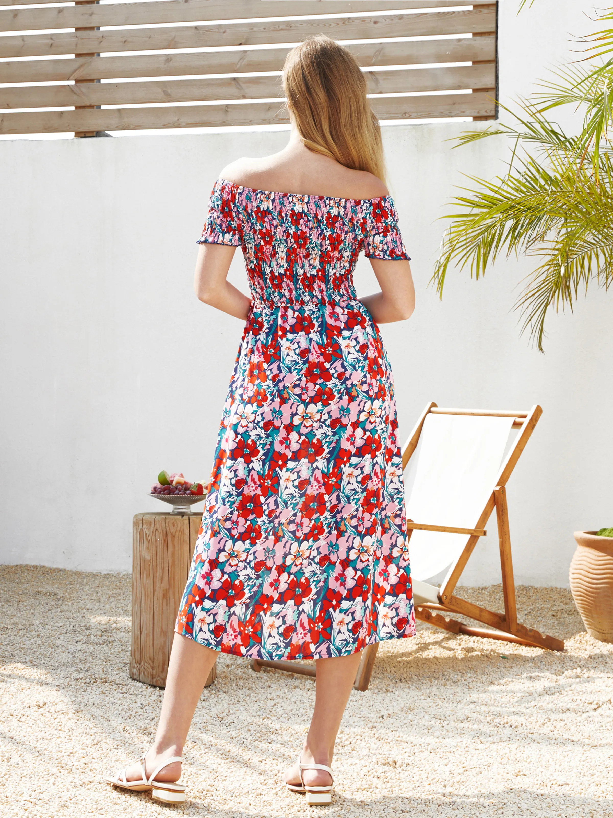 Family Matching Floral Print Short-sleeve Shirt or Off Shoulder Smocking Dresses Set Dark Blue - Image 4