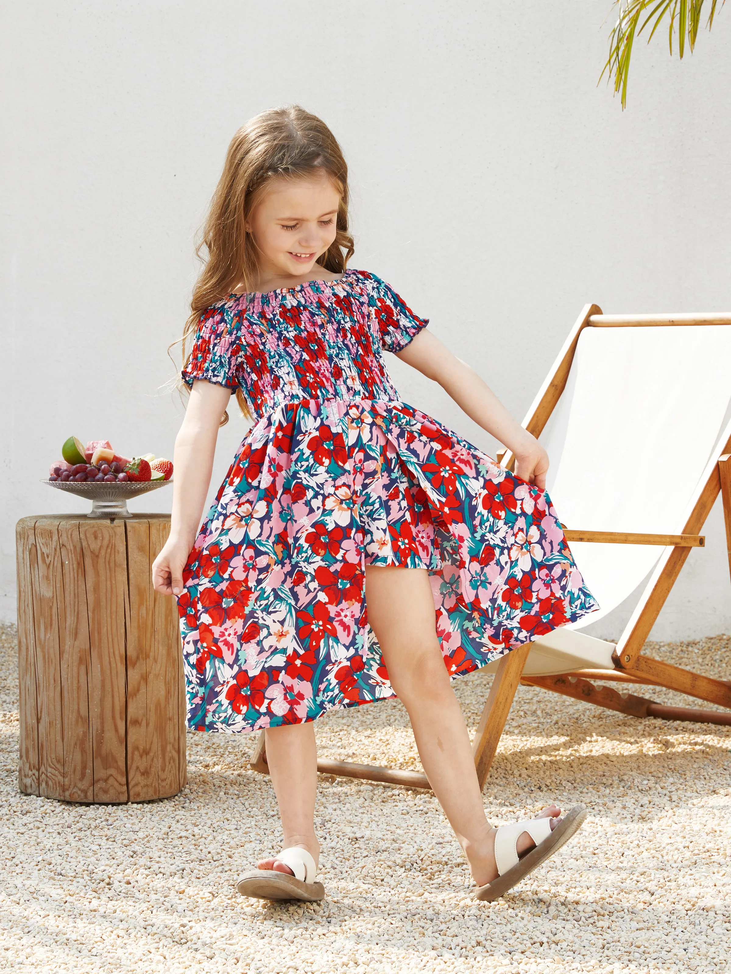 Family Matching Floral Print Short-sleeve Shirt or Off Shoulder Smocking Dresses Set Dark Blue - Image 8