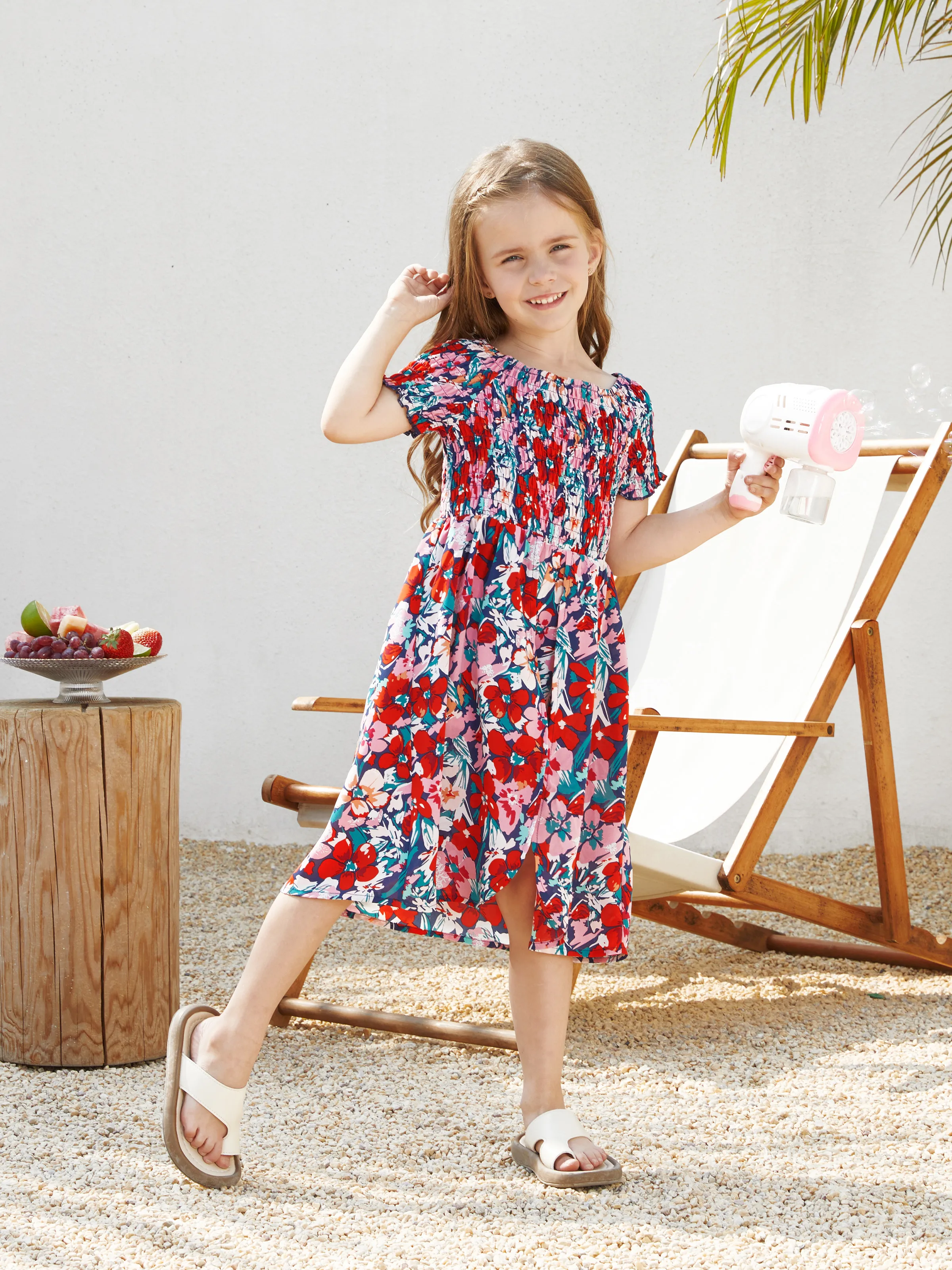 Family Matching Floral Print Short-sleeve Shirt or Off Shoulder Smocking Dresses Set Dark Blue - Image 9