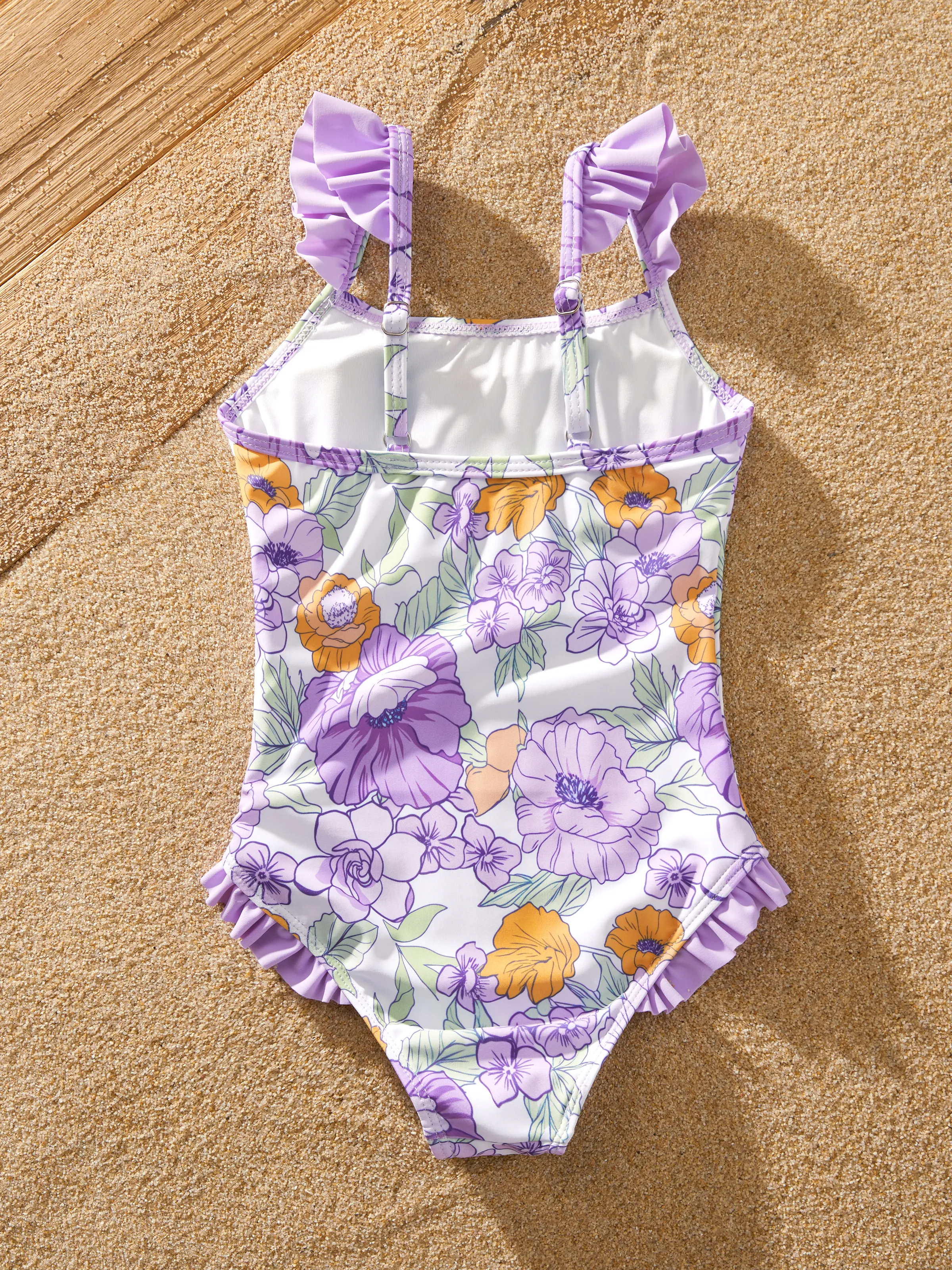 Family Matching Floral Print Swimsuits Ruffled One-Piece Bathing Suit & Swim Trunks Set Purple - Image 13