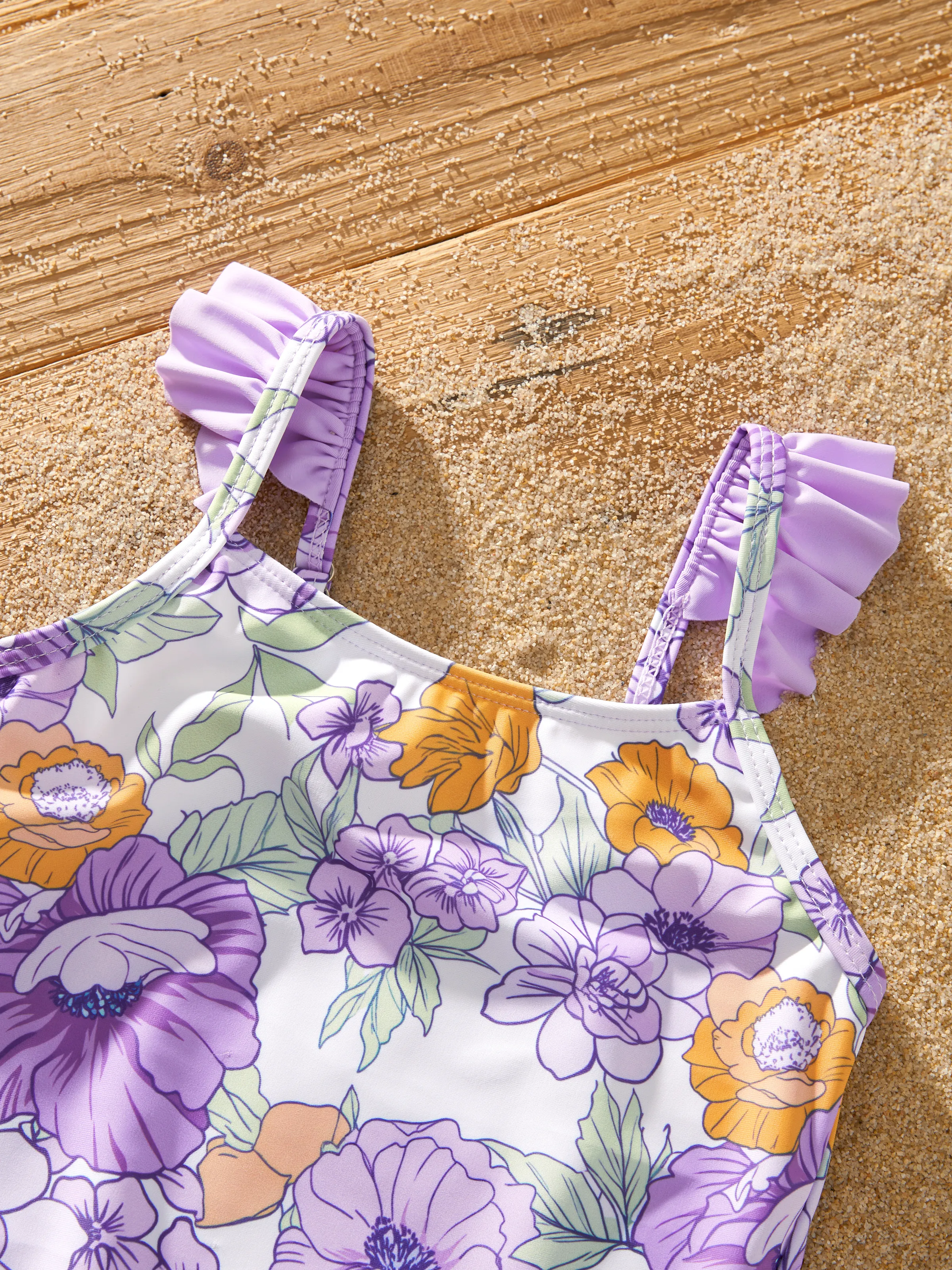 Family Matching Floral Print Swimsuits Ruffled One-Piece Bathing Suit & Swim Trunks Set Purple - Image 14