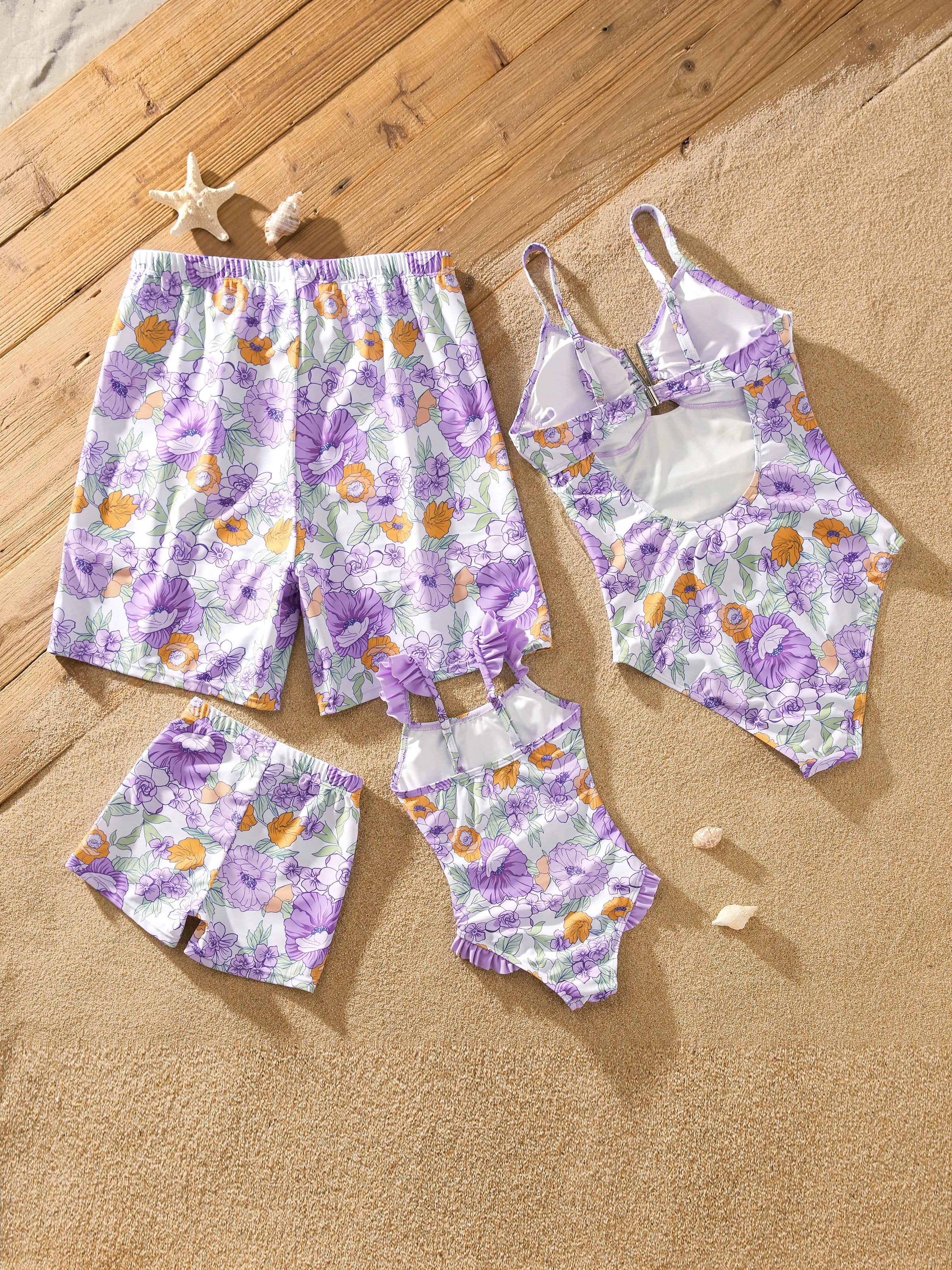 Family Matching Floral Print Swimsuits Ruffled One-Piece Bathing Suit & Swim Trunks Set Purple - Image 4