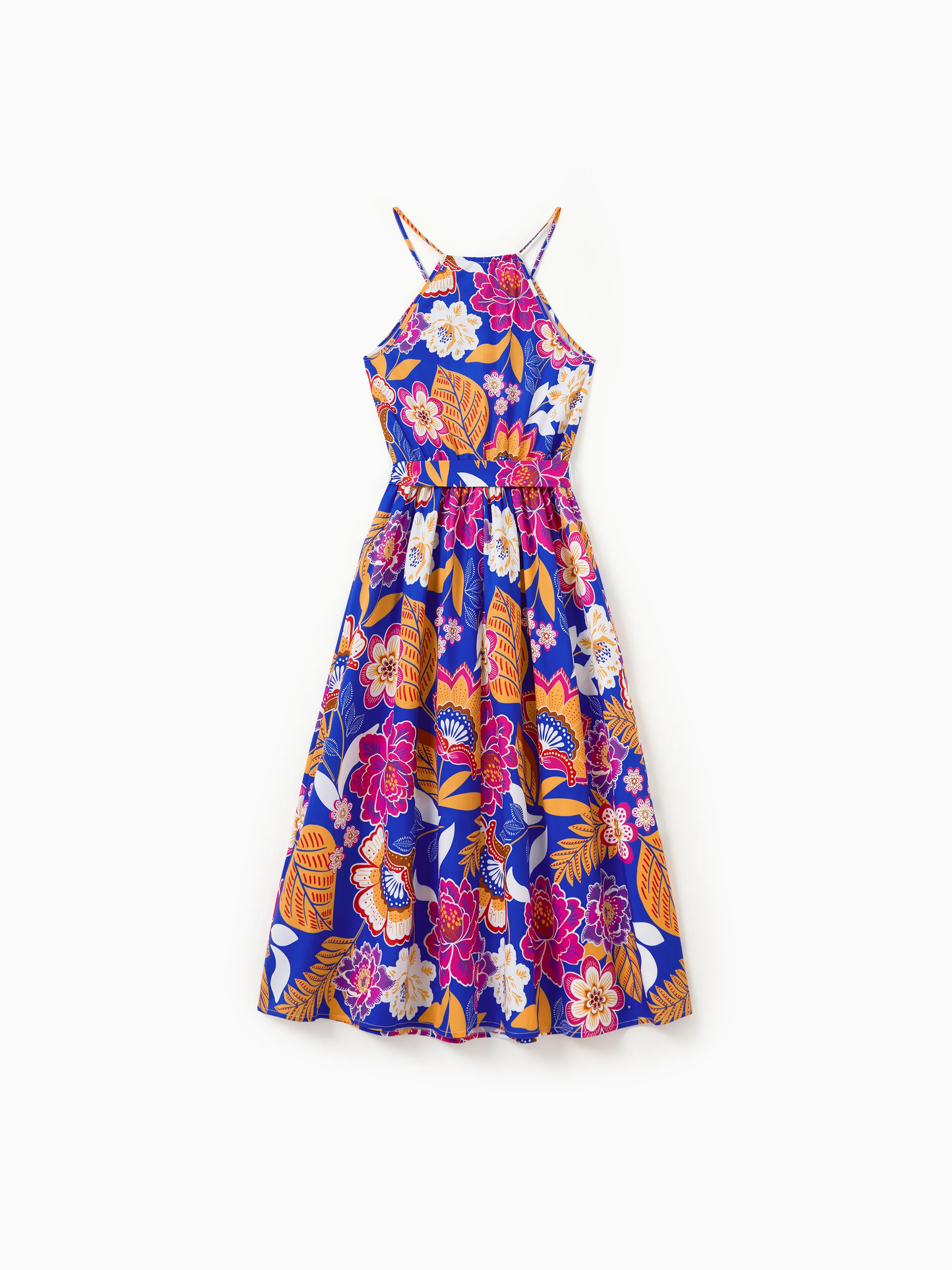 Family Matching Hawaiian Outfits Tropical Floral Print Vacation Clothes Strap Belted Dress or Short-sleeve Shirts Summer Beachwear Set Navy - Image 3