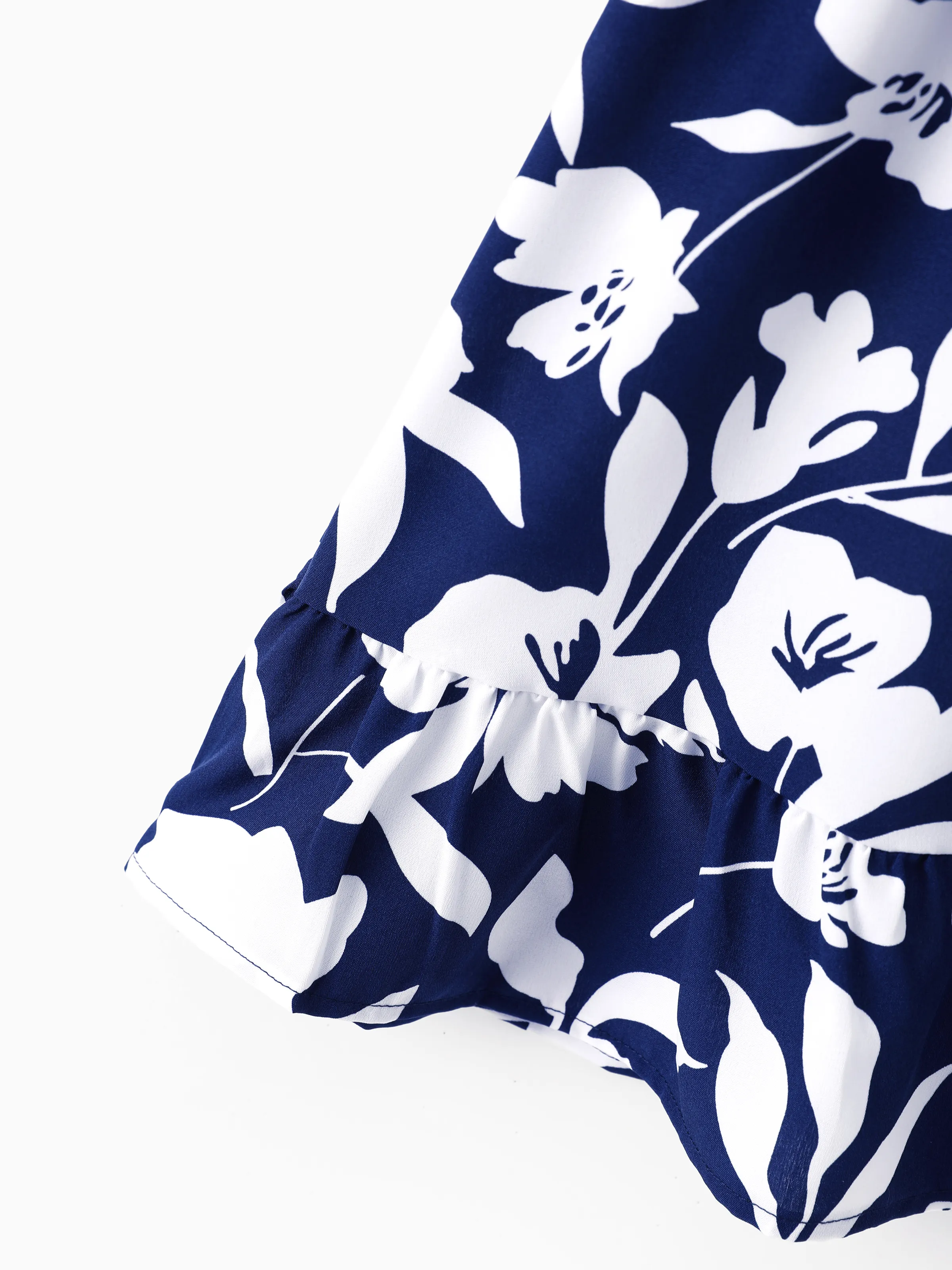 Family Matching Leaf Print Blue Short-sleeve Shirt or Sling Shirred Dress Set Blue - Image 11