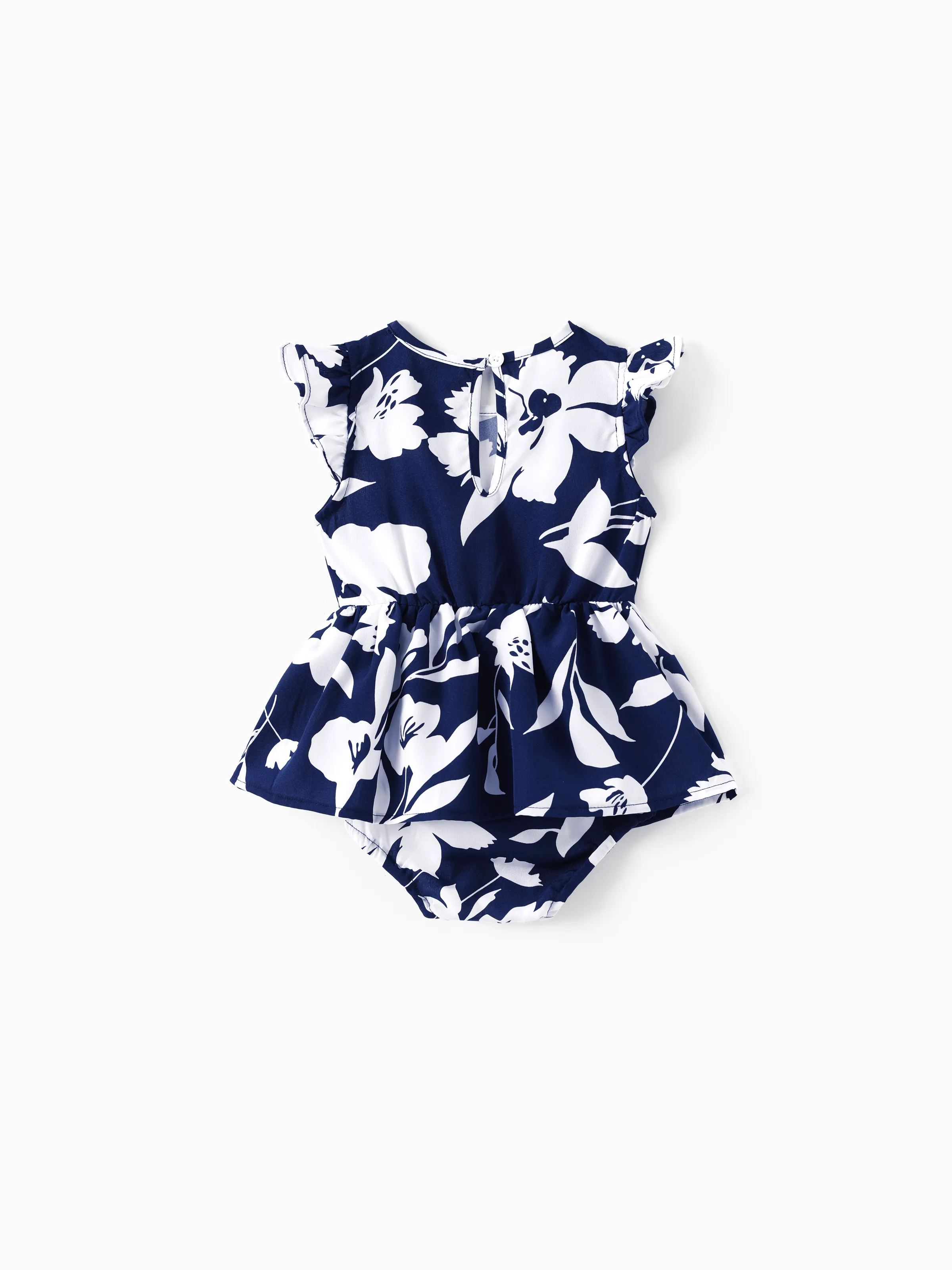 Family Matching Leaf Print Blue Short-sleeve Shirt or Sling Shirred Dress Set Blue - Image 13