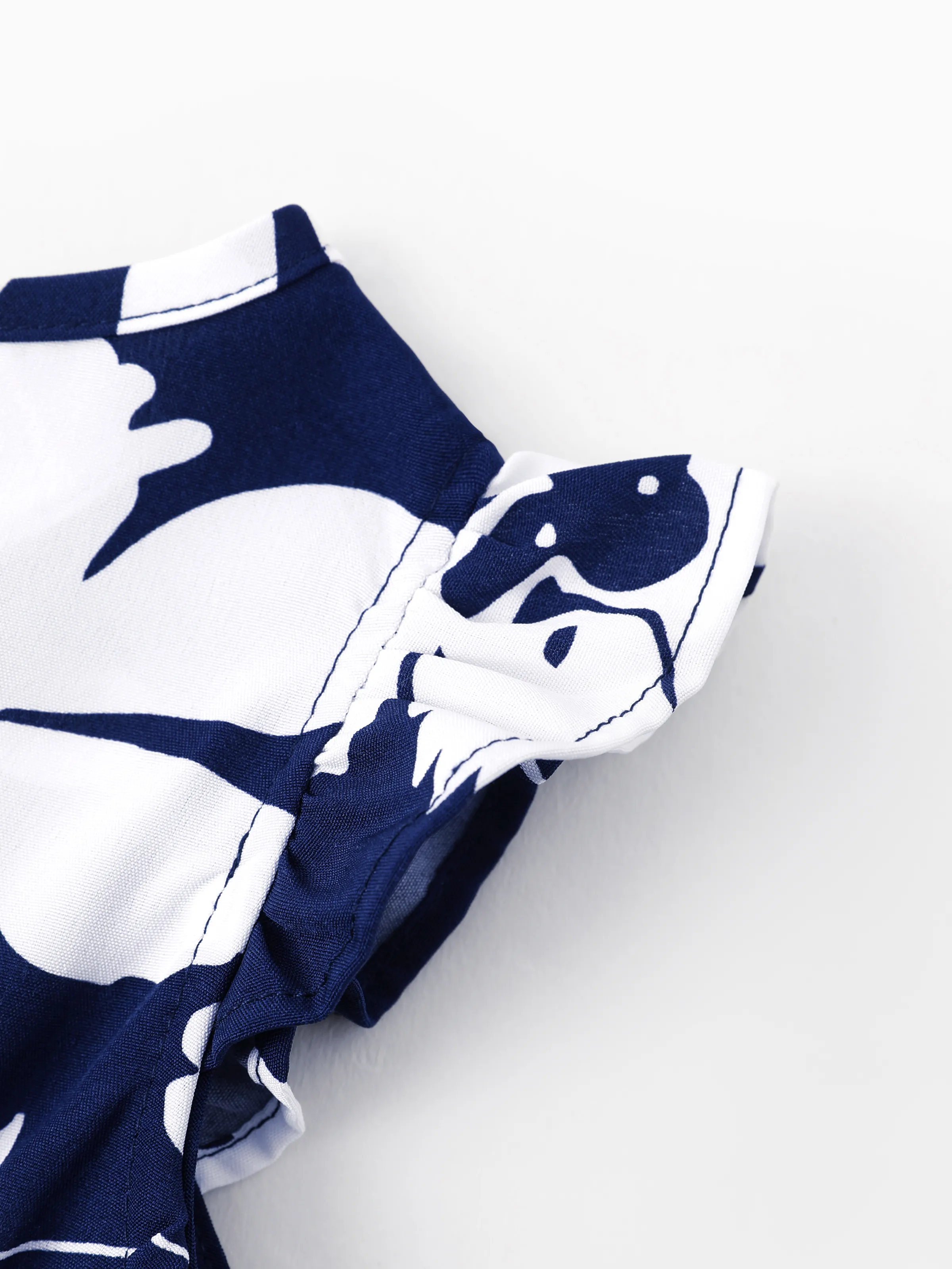 Family Matching Leaf Print Blue Short-sleeve Shirt or Sling Shirred Dress Set Blue - Image 15