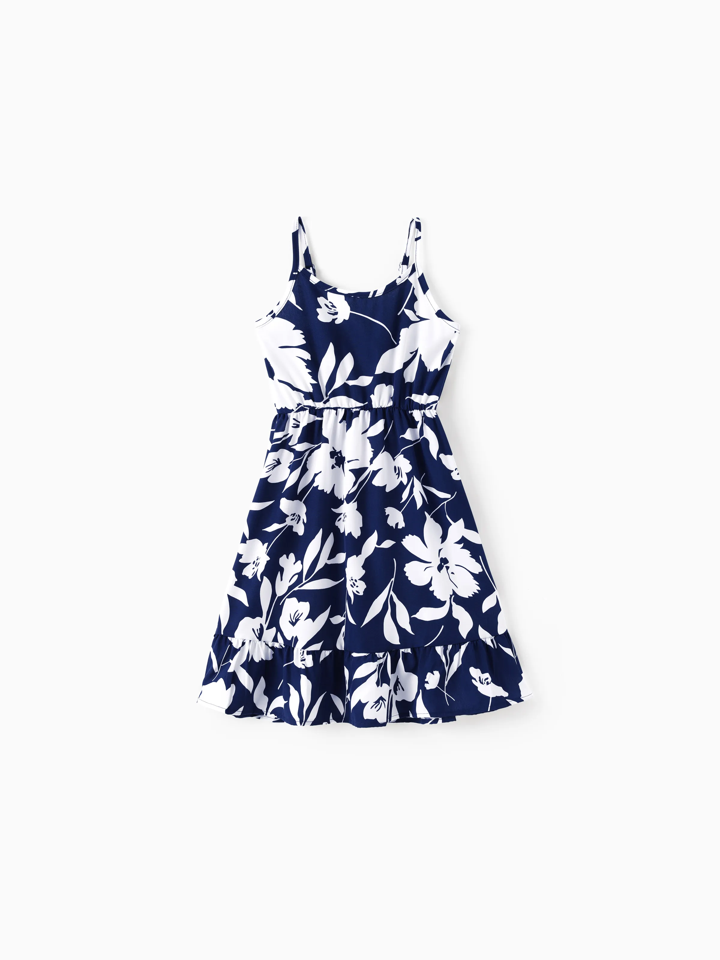 Family Matching Leaf Print Blue Short-sleeve Shirt or Sling Shirred Dress Set Blue - Image 7