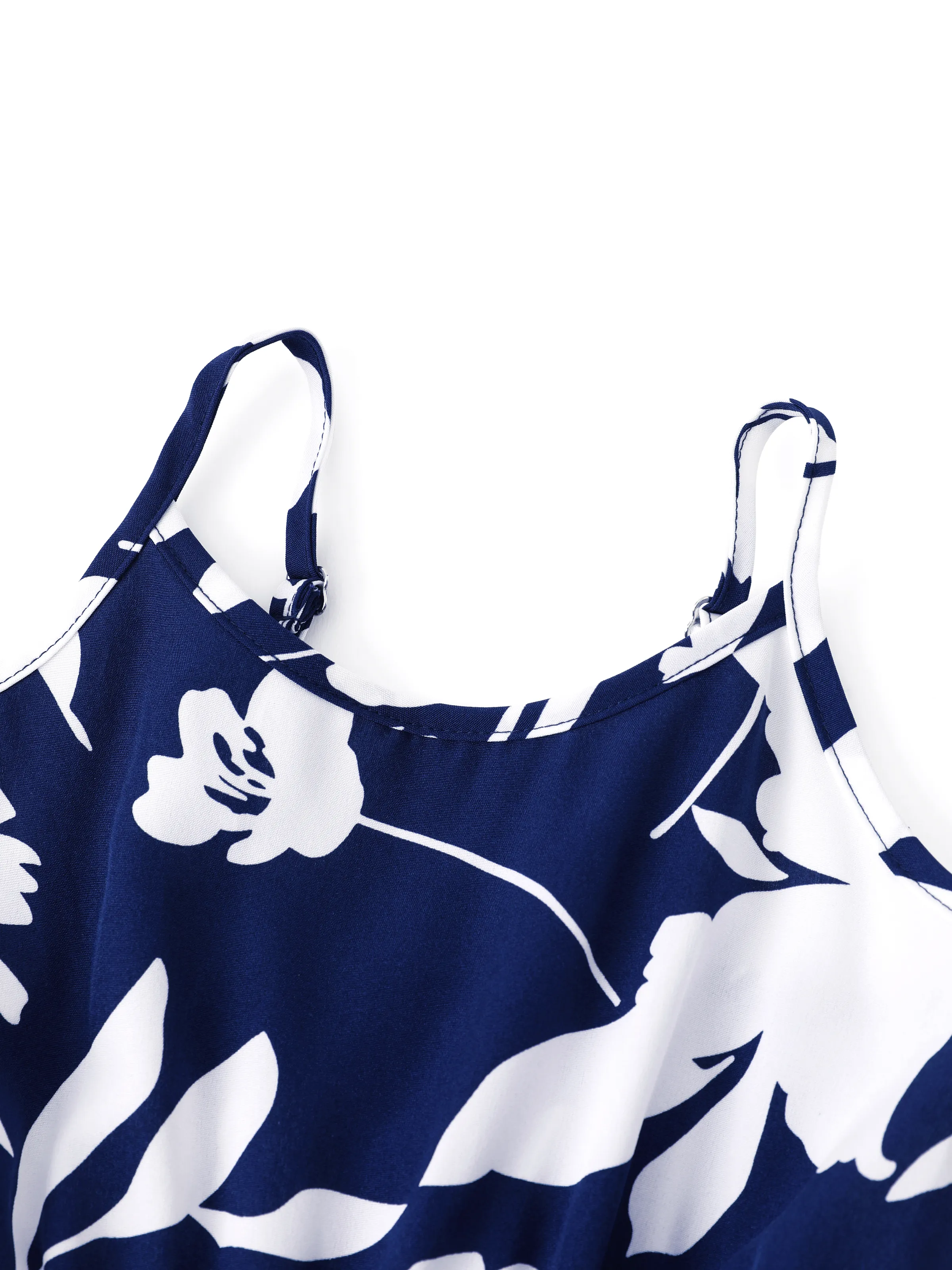 Family Matching Leaf Print Blue Short-sleeve Shirt or Sling Shirred Dress Set Blue - Image 9