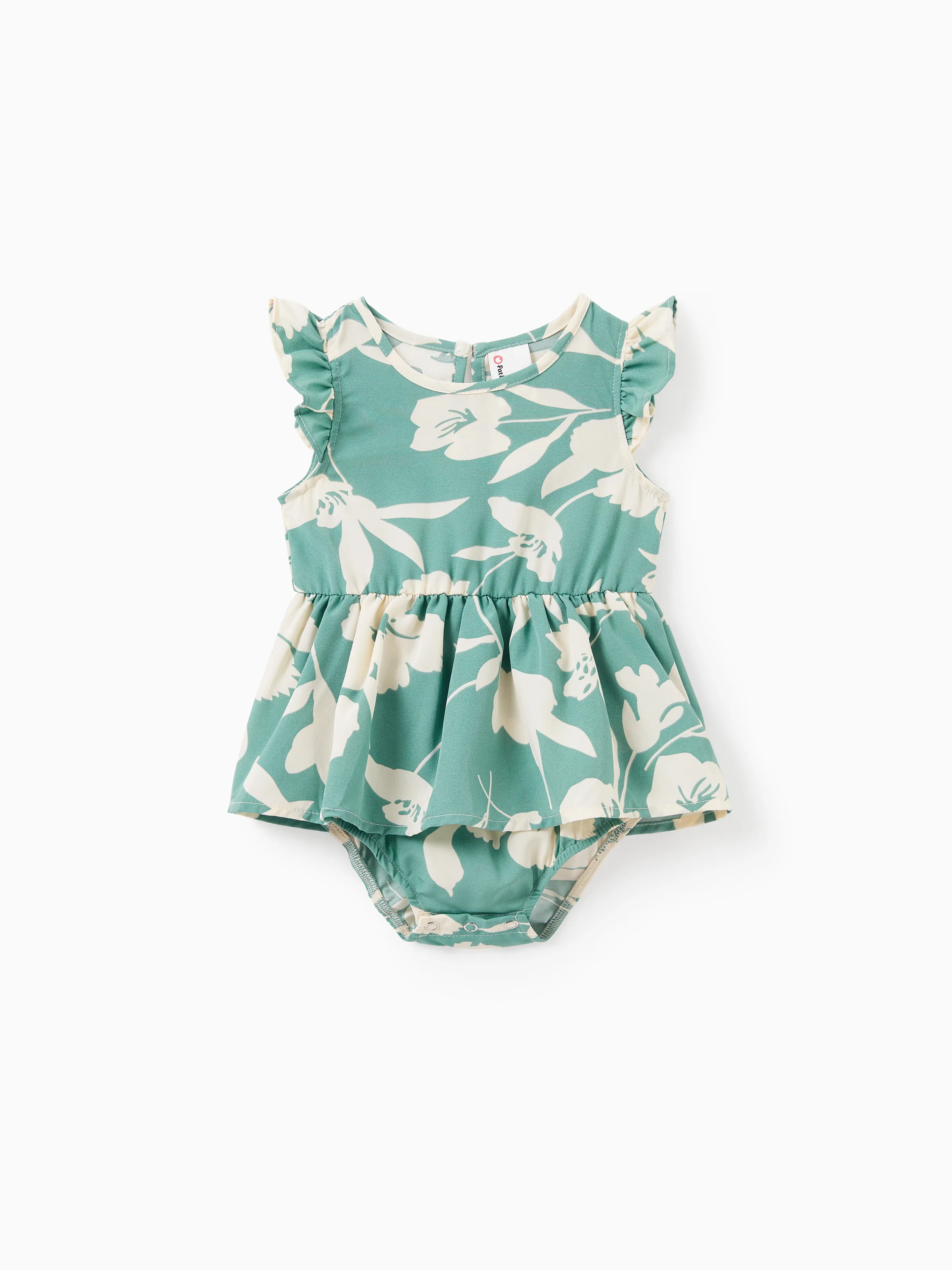 Family Matching Leaf Print Green Short-sleeve Shirt or Sling Shirred Dress Set Green - Image 12